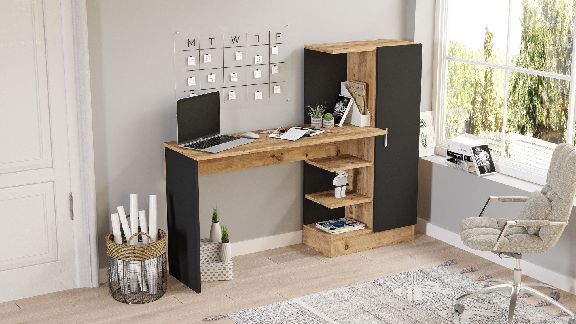 Secretária de Estudo/Escritório Moderna, Pinho Atlântico e Preto, 152,3 x 120 x 40 cm | Painel de Partículas 100% Revestido em Melamina, 18 mm de Espessura | Elegante e Funcional para Escritório em Casa