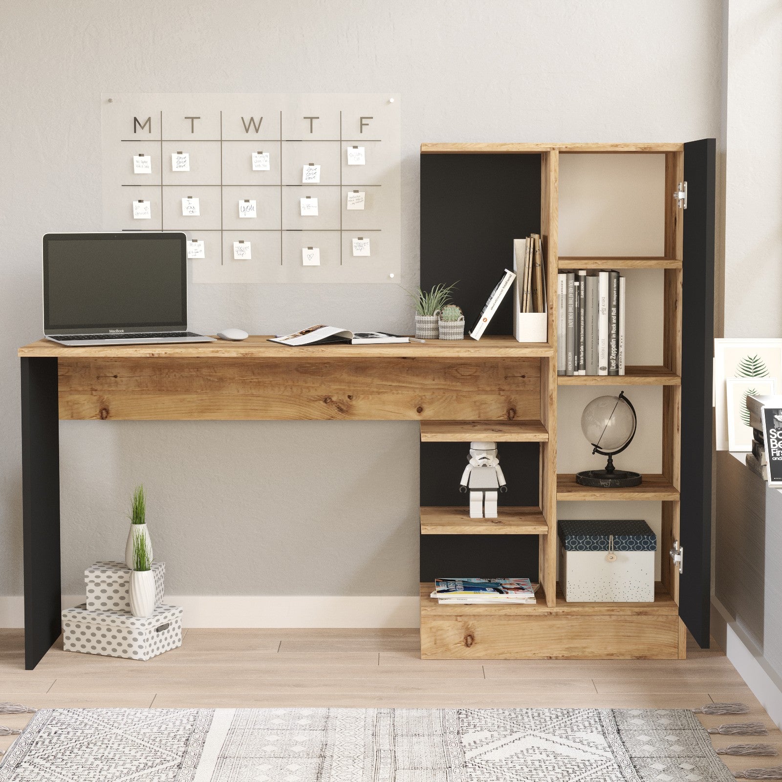 Secretária de Estudo/Escritório Moderna, Pinho Atlântico e Preto, 152,3 x 120 x 40 cm | Painel de Partículas 100% Revestido em Melamina, 18 mm de Espessura | Elegante e Funcional para Escritório em Casa