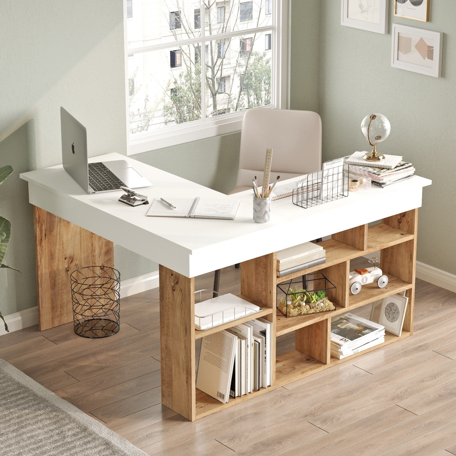 Secretária de Estudo/Escritório Moderna, Pinho Atlântico e Branco, 129 x 72 x 120 cm | Painel de Partículas 100% Revestido em Melamina, 18 mm de Espessura | Elegante e Funcional para Escritório em Casa