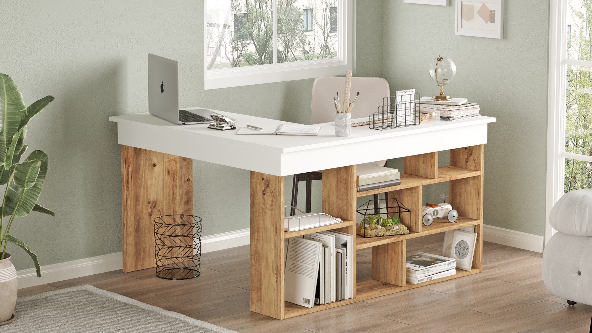Secretária de Estudo/Escritório Moderna, Pinho Atlântico e Branco, 129 x 72 x 120 cm | Painel de Partículas 100% Revestido em Melamina, 18 mm de Espessura | Elegante e Funcional para Escritório em Casa