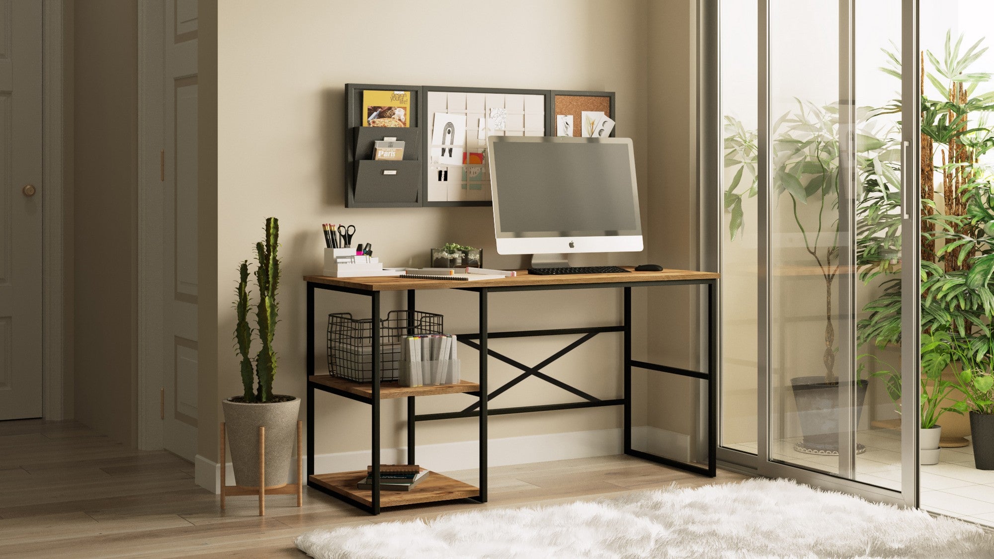 Secretária de Estudo Atlantic Pine 140cm com Prateleiras e Arrumação Extra - Estrutura Metálica Resistente