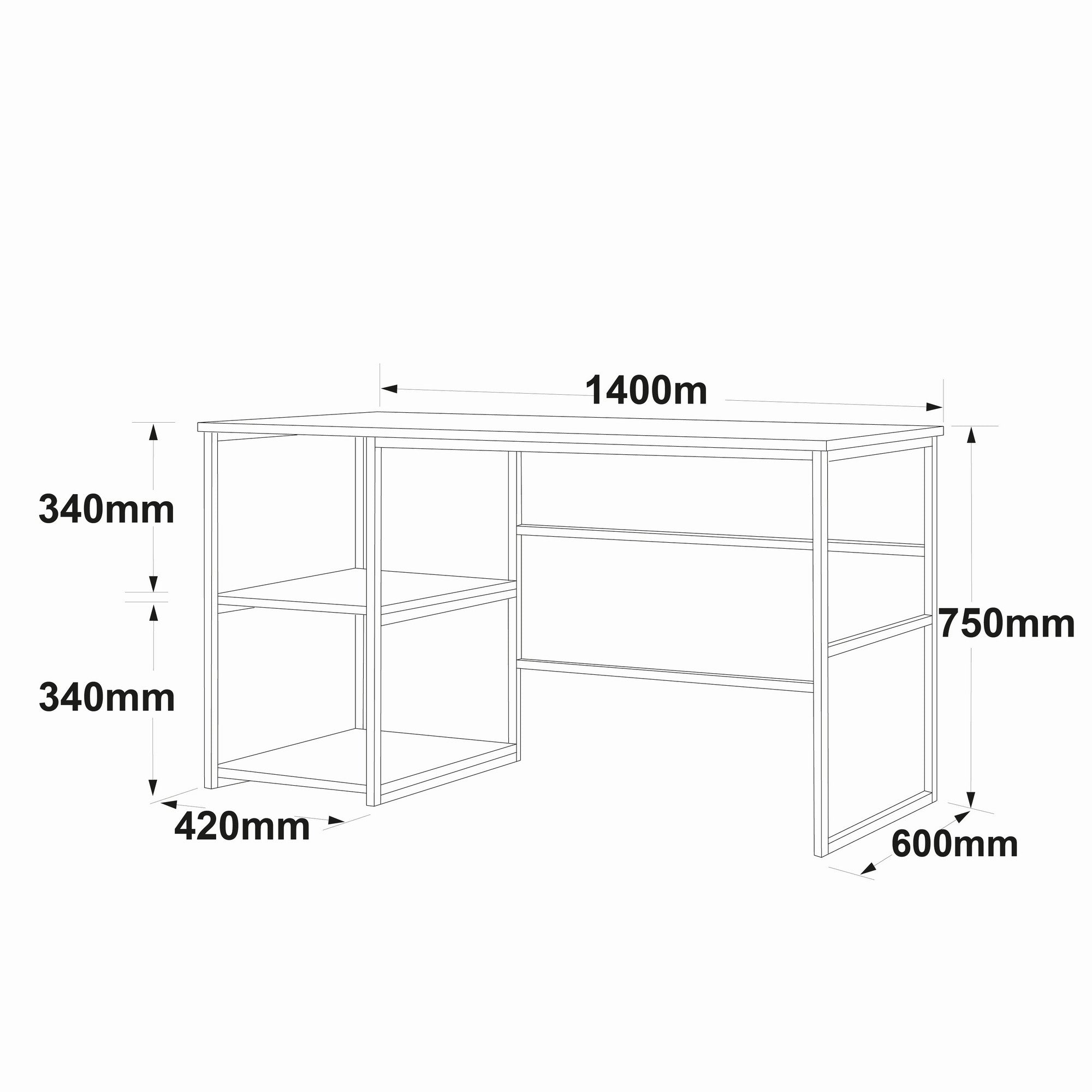 Secretária de Estudo Atlantic Pine 140cm com Prateleiras e Arrumação Extra - Estrutura Metálica Resistente