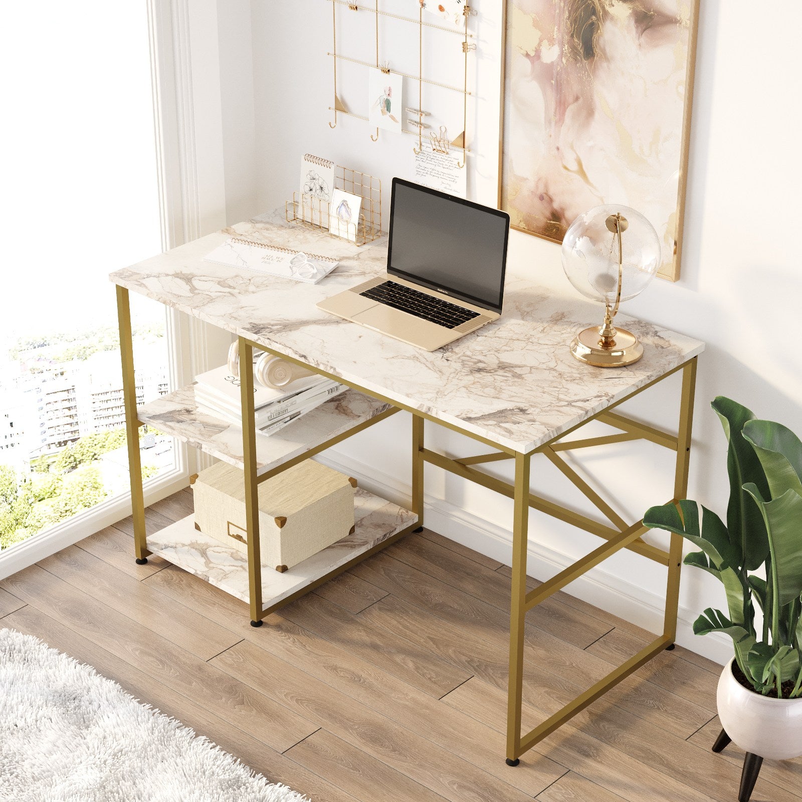 Secretária de Estudo – 120 x 75 x 60 cm – Mármore branco e dourado – Painéis de partículas revestidos a melamina