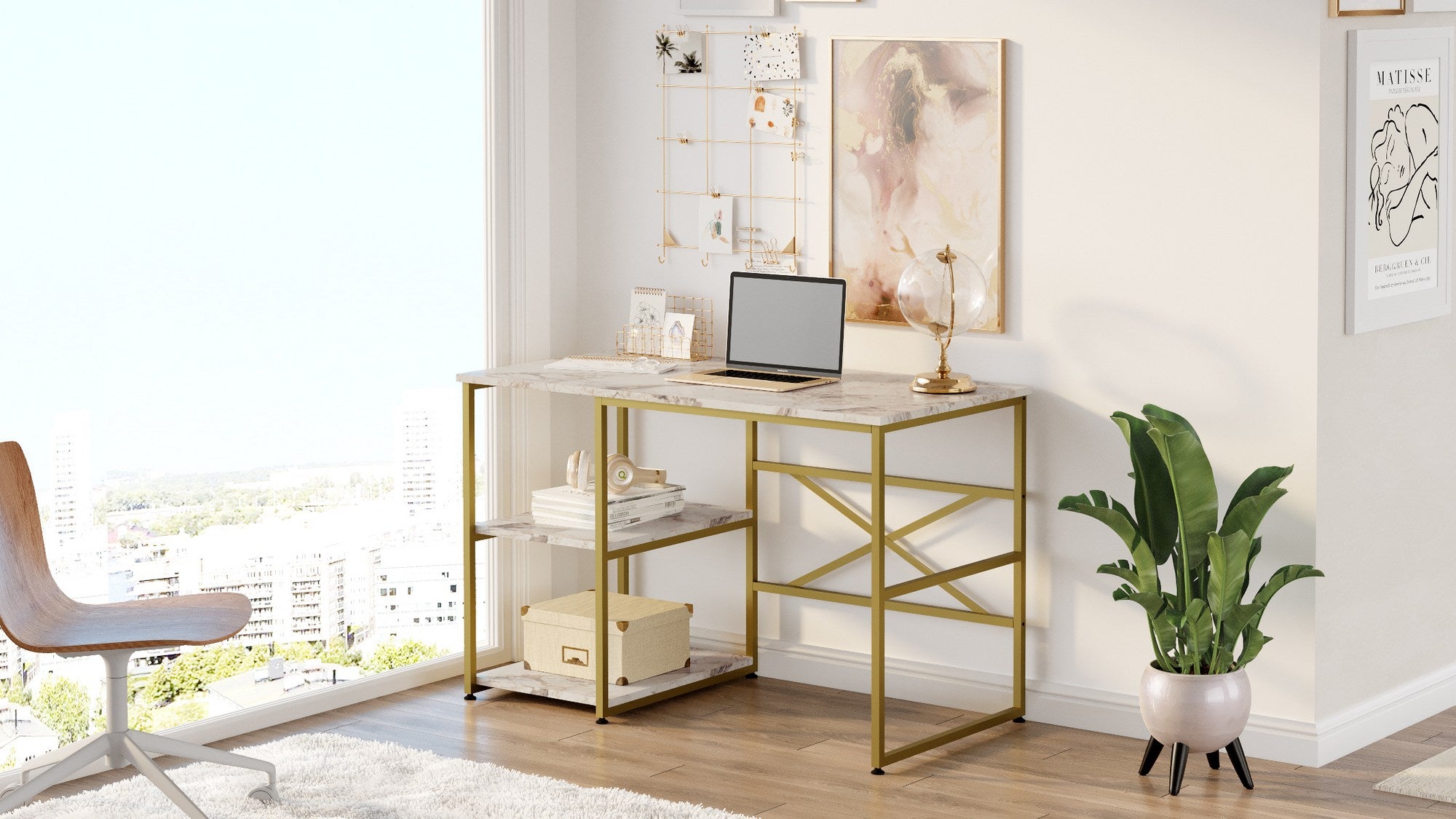 Secretária de Estudo – 120 x 75 x 60 cm – Mármore branco e dourado – Painéis de partículas revestidos a melamina
