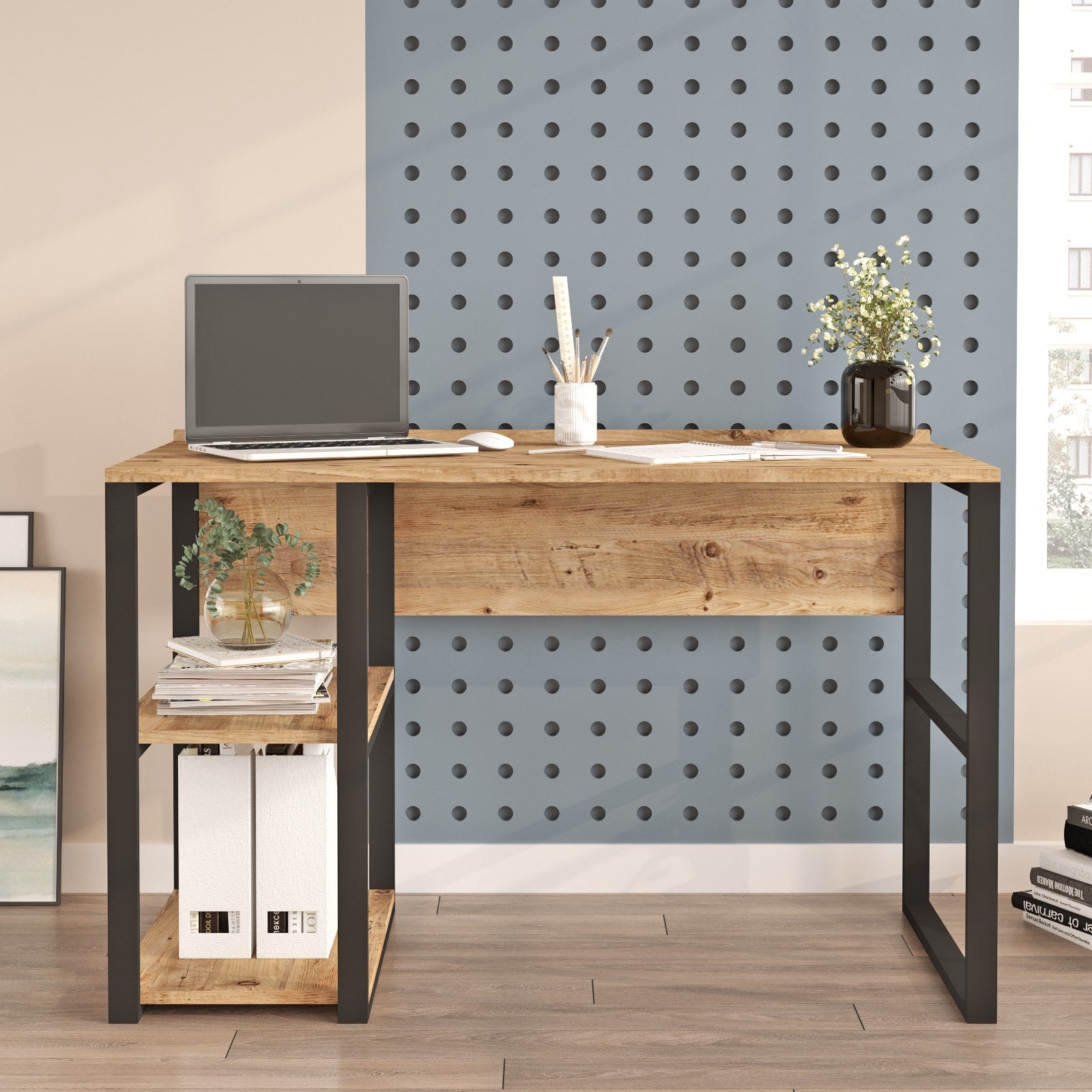 Secretária de Estudo/Escritório em Pinho Atlântico, 120 x 75 x 60 cm | Painel de Partículas 100% Revestido em Melamina, 18 mm de Espessura | Elegante e Funcional para Escritório e Estudo em Casa
