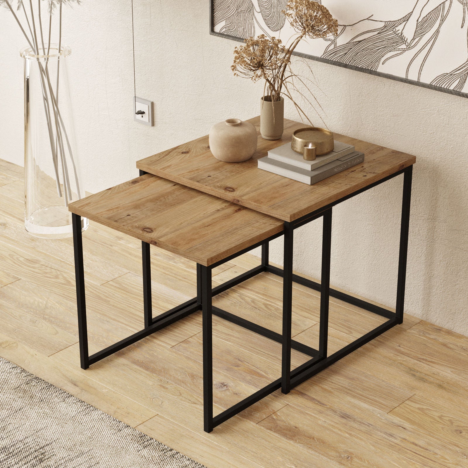 Mesa de Apoio Dupla Atlantic Pine - Conjunto 2 Peças com Estrutura Metálica e Acabamento Melamina