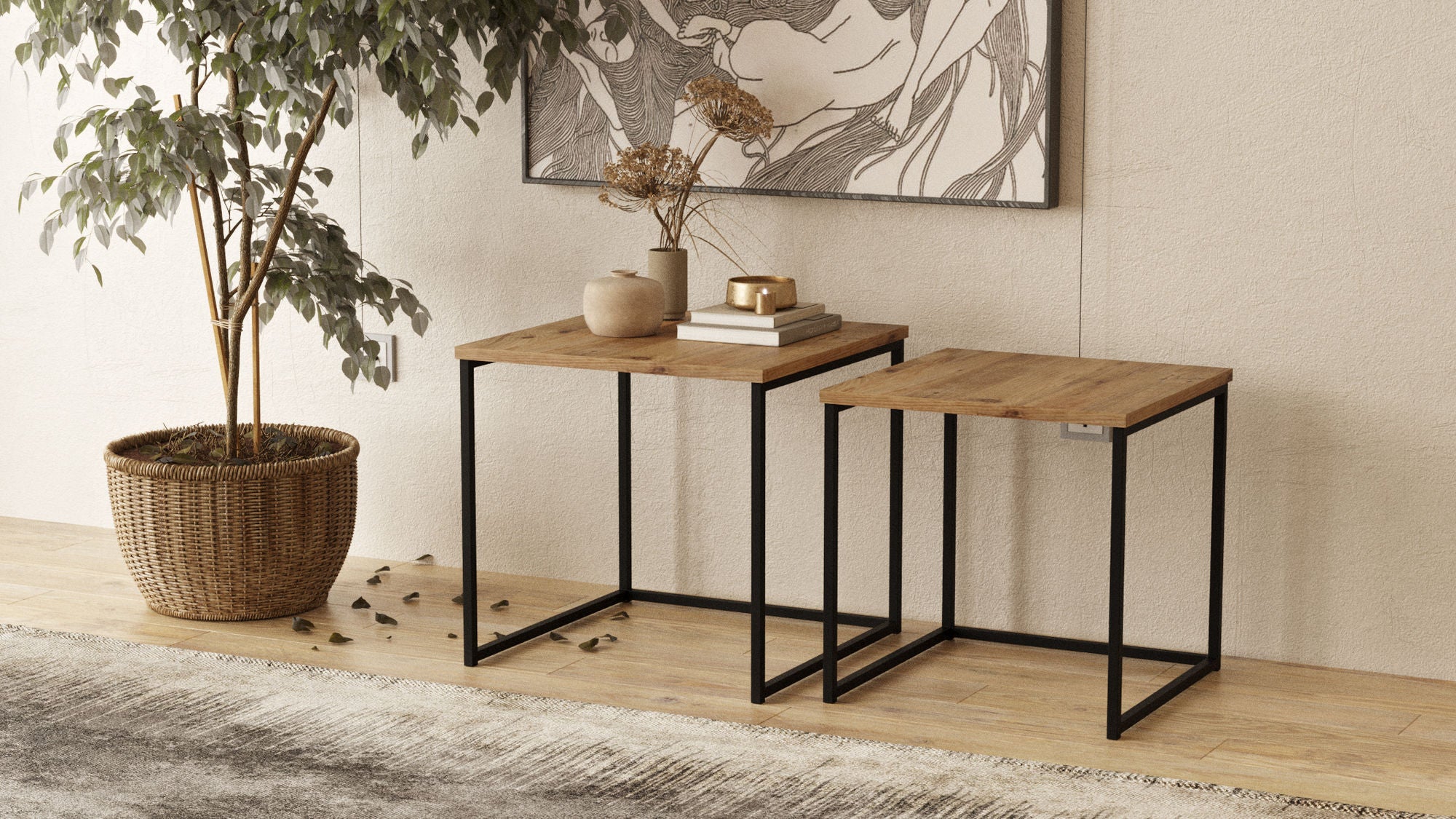 Mesa de Apoio Dupla Atlantic Pine - Conjunto 2 Peças com Estrutura Metálica e Acabamento Melamina