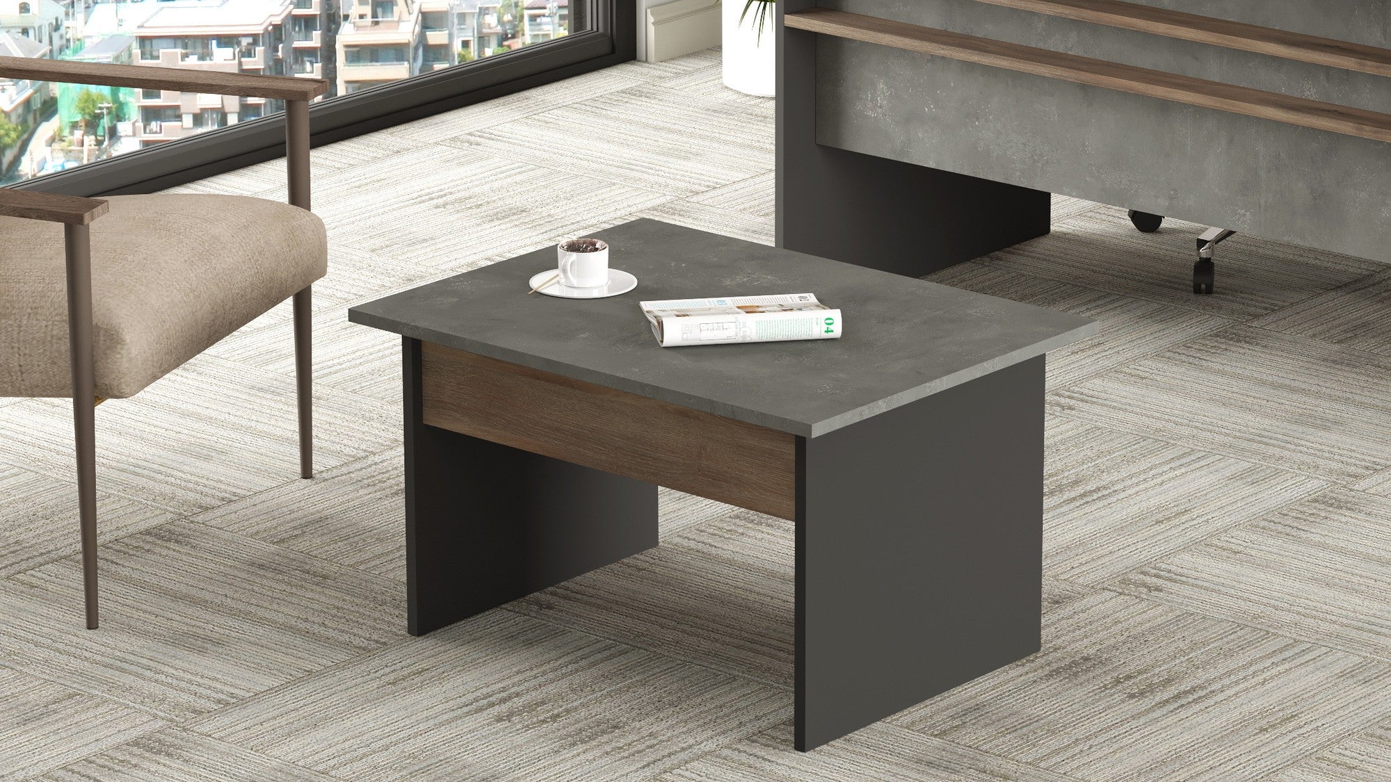 Mesa de Centro Moderna, 80 cm, Marrom e Cinza com Detalhes em Antracite | Painel de Partículas 100% Revestido em Melamina, 18 mm de Espessura | Elegante e Funcional para Casa e Hotel