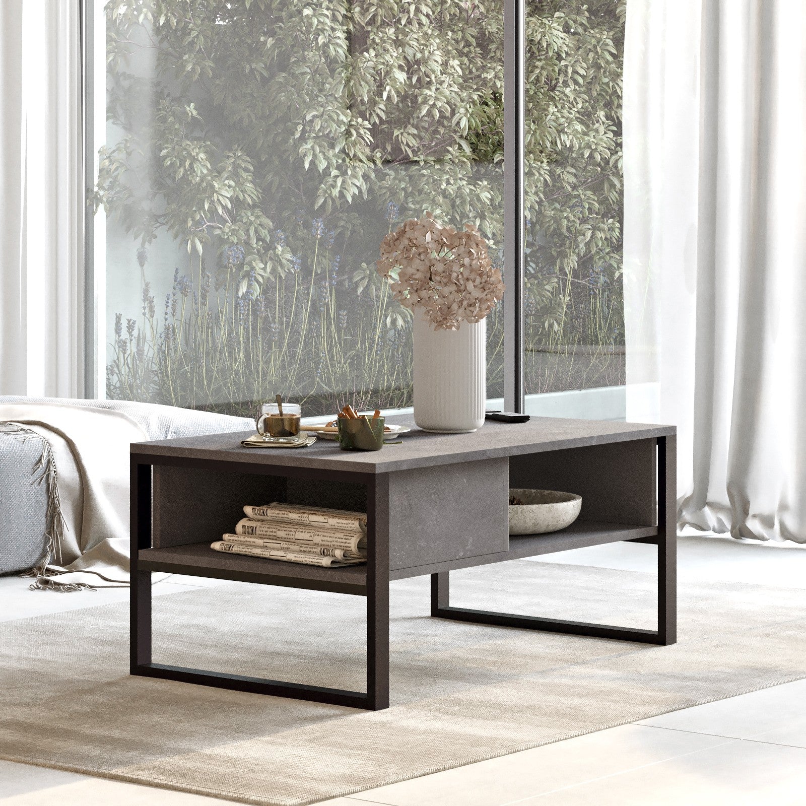 Mesa de Centro Moderna com Estrutura de Metal, Acabamento Prateado, 100 cm de Largura | Painel de Partículas 100% Revestido com Melamina, 18 mm de Espessura | Design Elegante com Várias Prateleiras e Armazenamento Extra
