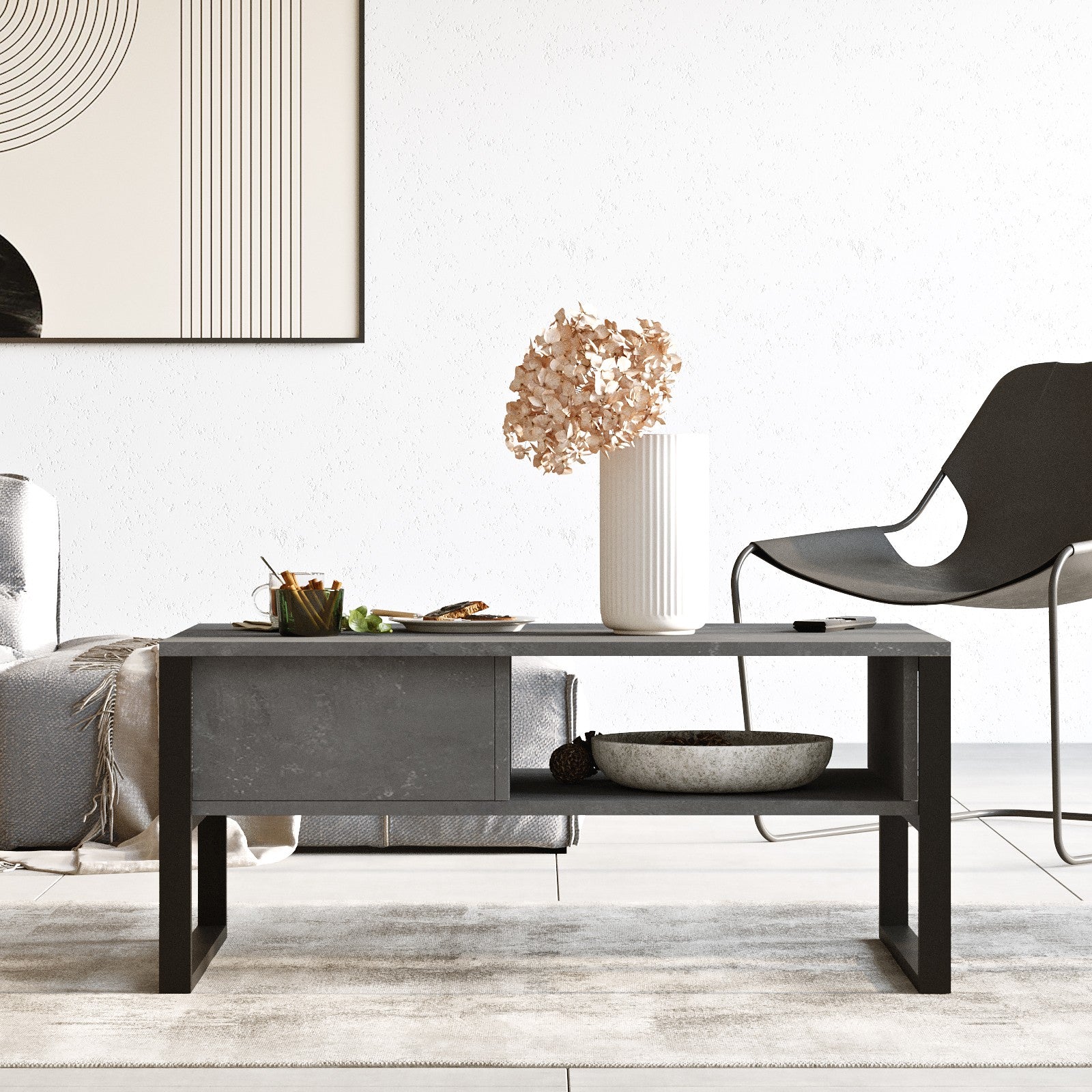 Mesa de Centro Moderna com Estrutura de Metal, Acabamento Prateado, 100 cm de Largura | Painel de Partículas 100% Revestido com Melamina, 18 mm de Espessura | Design Elegante com Várias Prateleiras e Armazenamento Extra