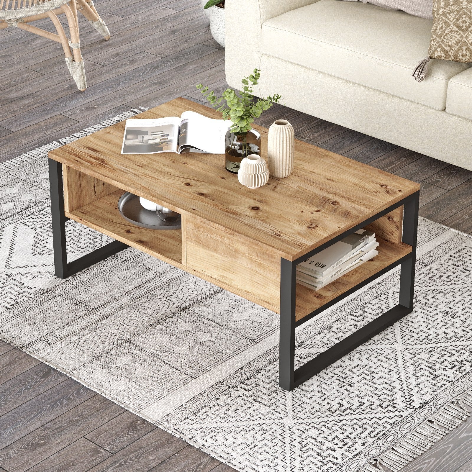 Mesa de Centro Elegante, Pinho Atlântico, 100 x 59,7 x 44,4 cm | Painel de Partículas 100% Revestido com Melamina, 18 mm de Espessura | Perfeita para Salas de Estar e Espaços Modernos
