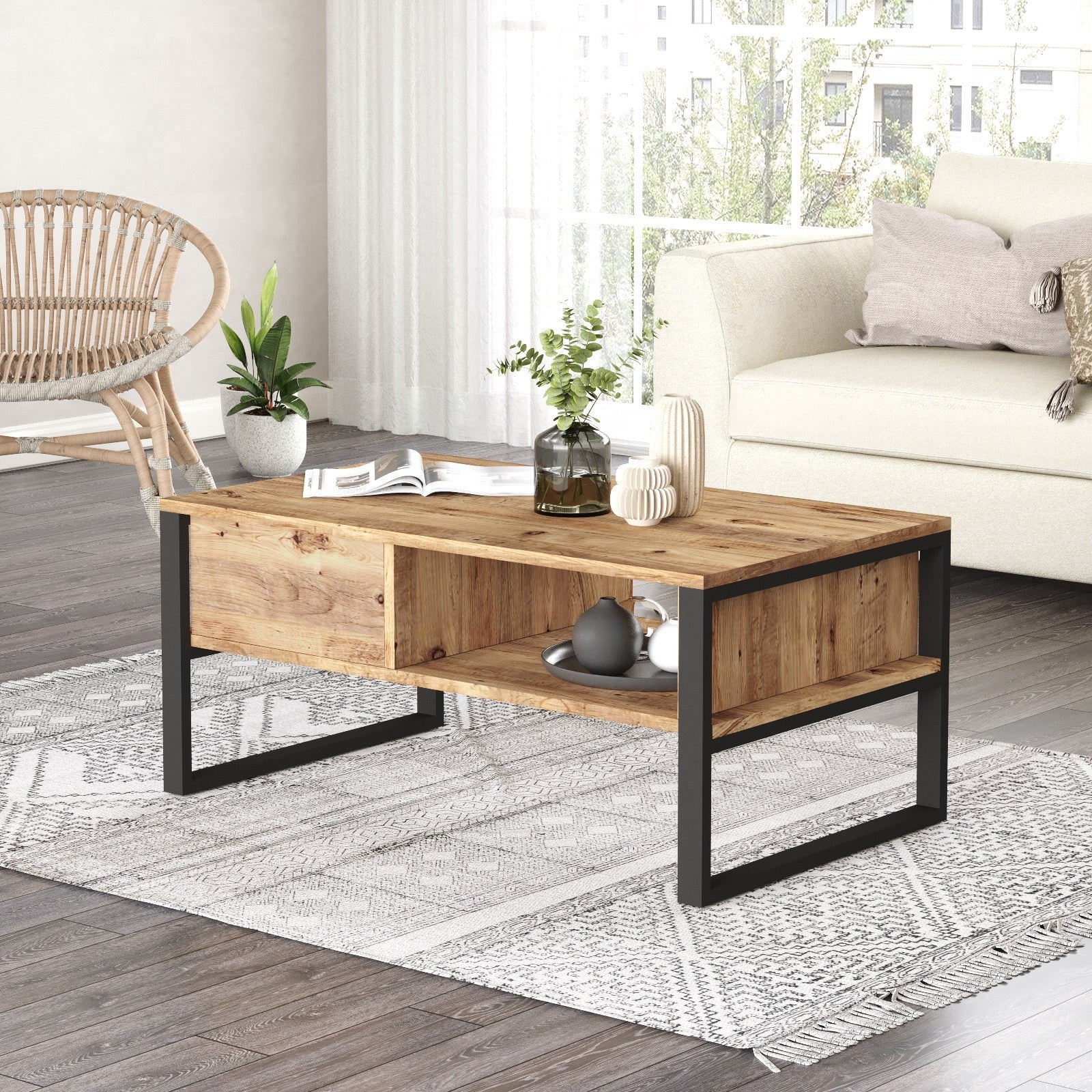 Mesa de Centro Elegante, Pinho Atlântico, 100 x 59,7 x 44,4 cm | Painel de Partículas 100% Revestido com Melamina, 18 mm de Espessura | Perfeita para Salas de Estar e Espaços Modernos