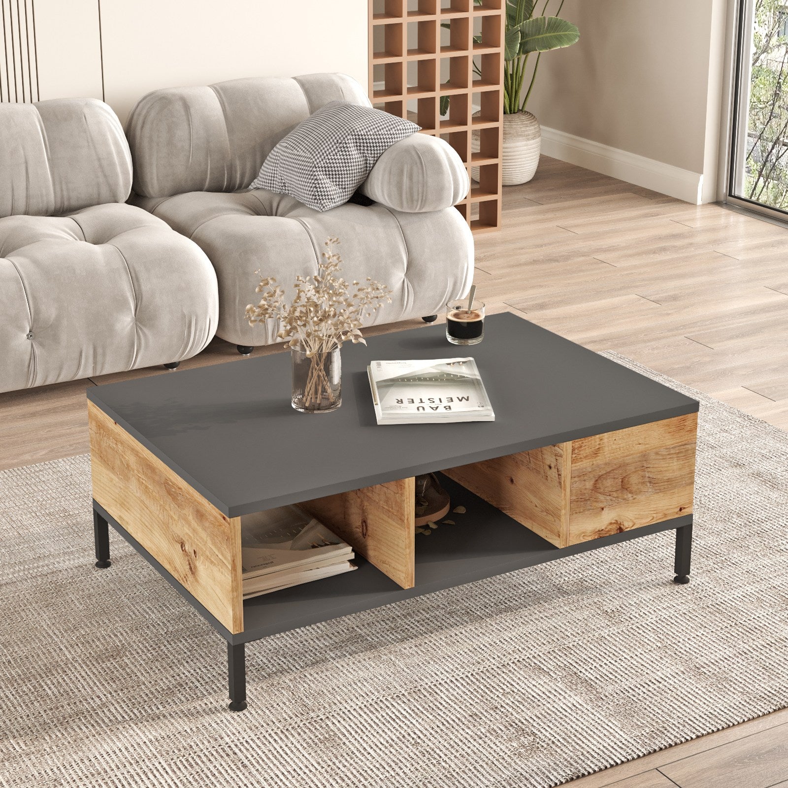Mesa de Centro Elegante, Pinho Atlântico e Antracite, 90 x 60 x 33,1 cm | Painel de Partículas 100% Revestido com Melamina, 18 mm de Espessura | Design Moderno para Sala de Estar