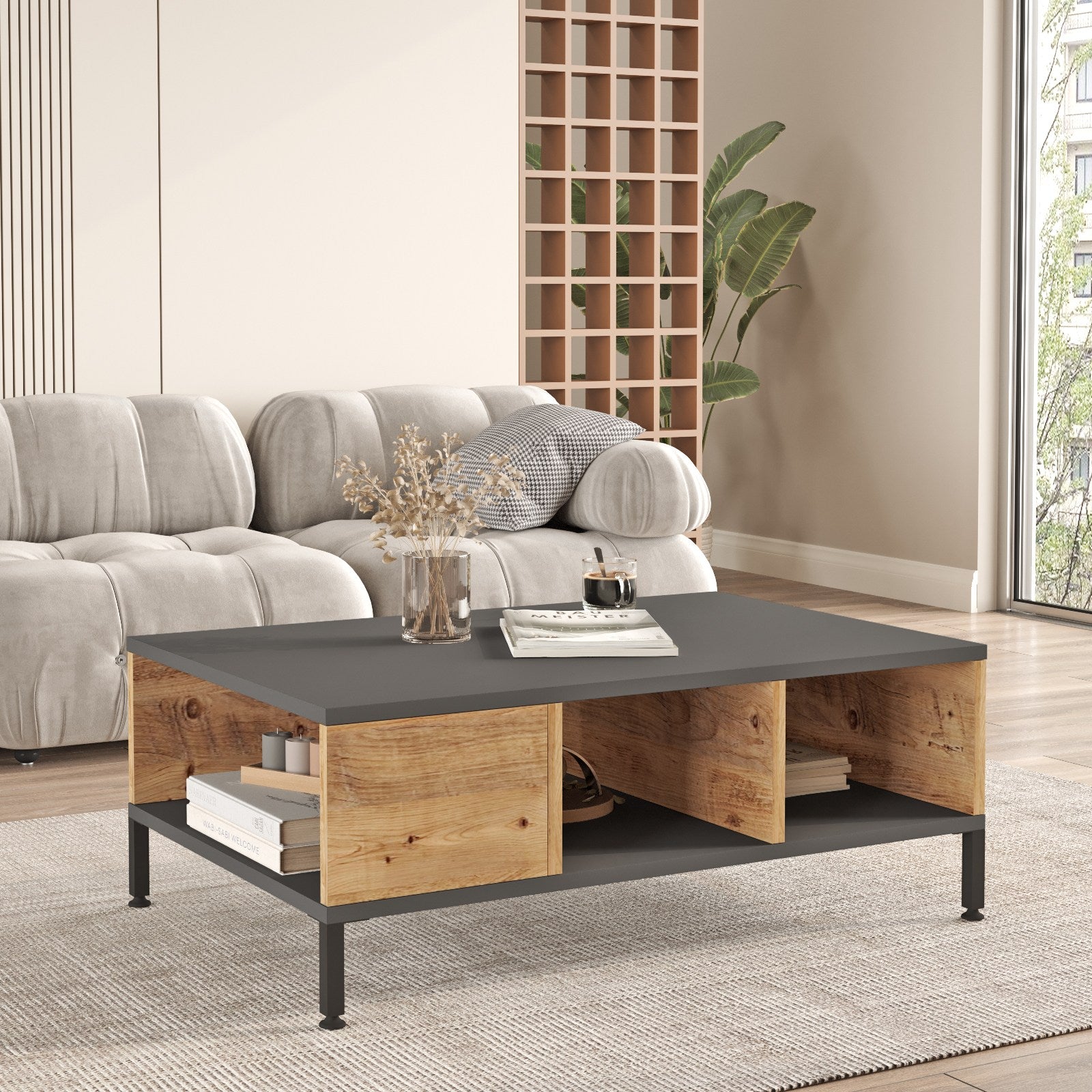 Mesa de Centro Elegante, Pinho Atlântico e Antracite, 90 x 60 x 33,1 cm | Painel de Partículas 100% Revestido com Melamina, 18 mm de Espessura | Design Moderno para Sala de Estar