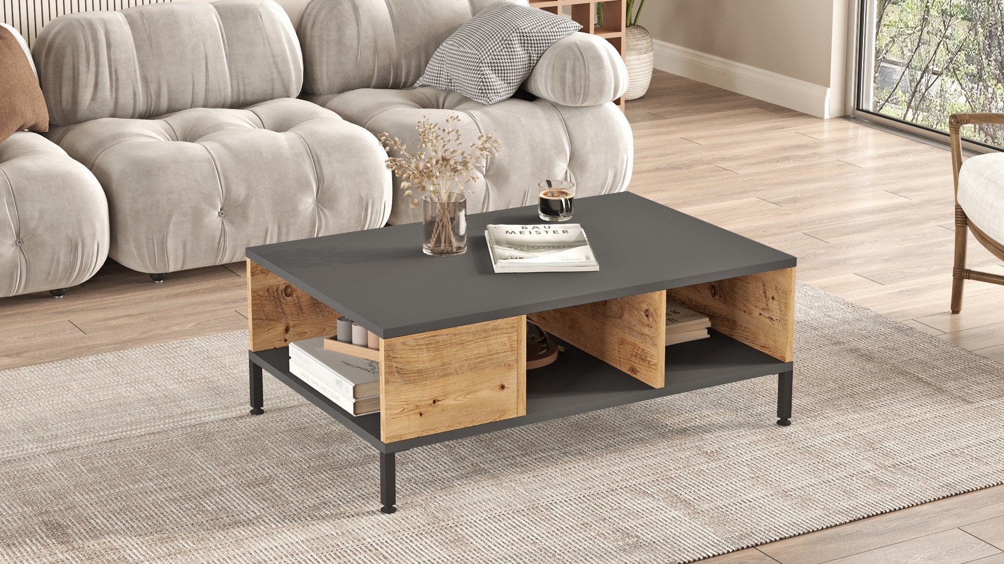 Mesa de Centro Elegante, Pinho Atlântico e Antracite, 90 x 60 x 33,1 cm | Painel de Partículas 100% Revestido com Melamina, 18 mm de Espessura | Design Moderno para Sala de Estar