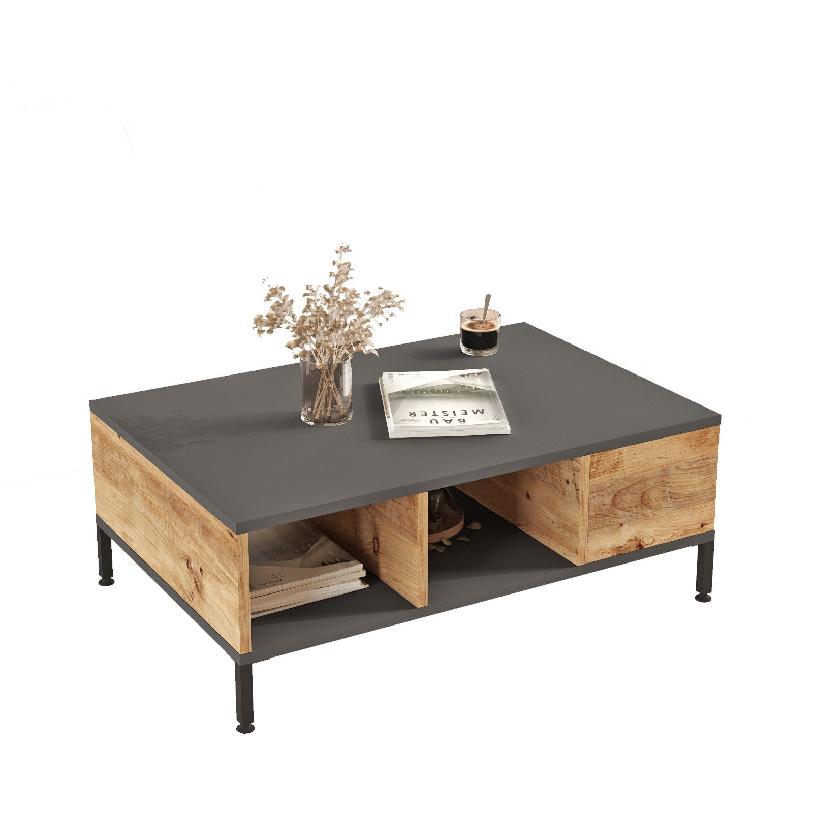 Mesa de Centro Elegante, Pinho Atlântico e Antracite, 90 x 60 x 33,1 cm | Painel de Partículas 100% Revestido com Melamina, 18 mm de Espessura | Design Moderno para Sala de Estar