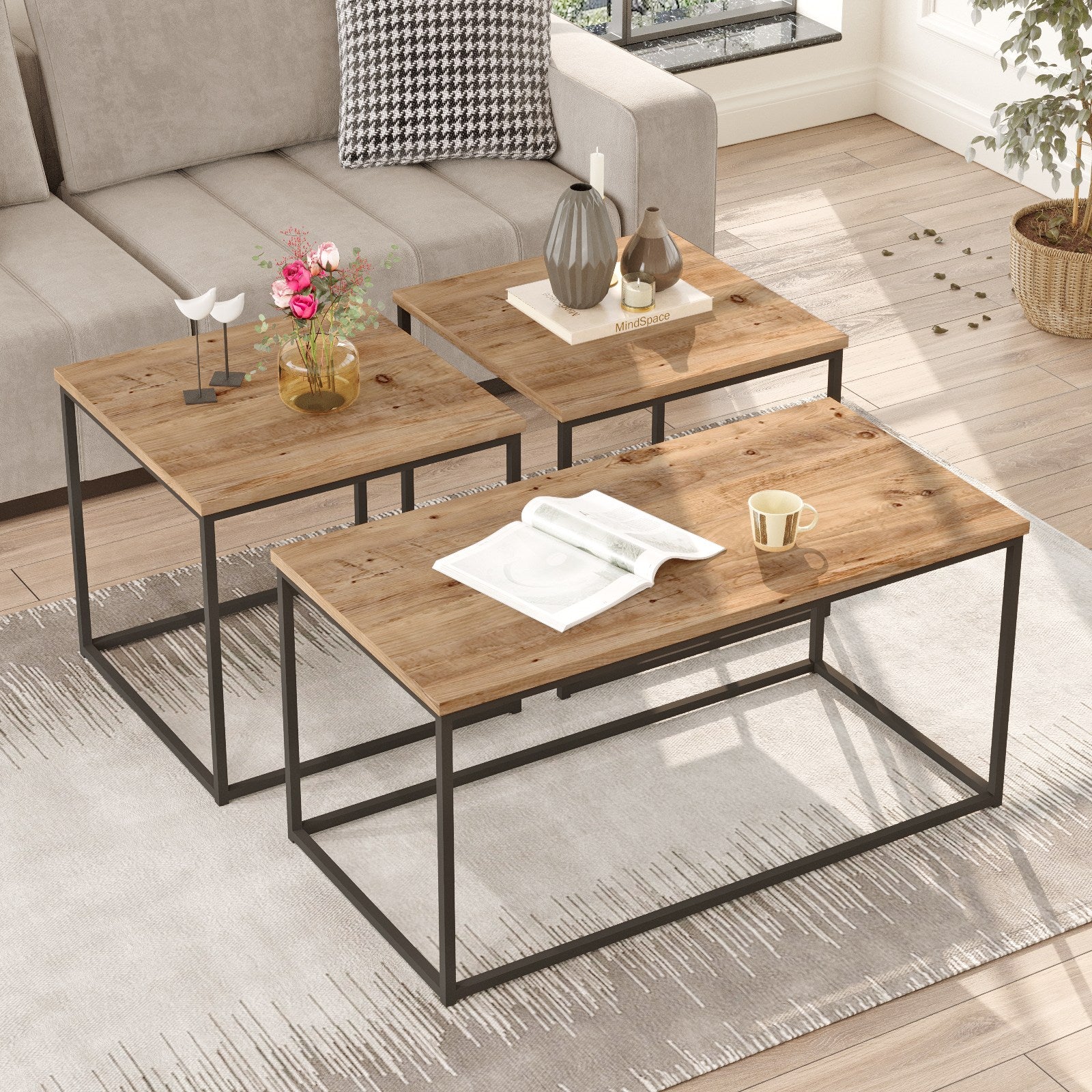 Mesa de Centro Atlantic Pine - Conjunto 3 Peças em Melamina Resistente