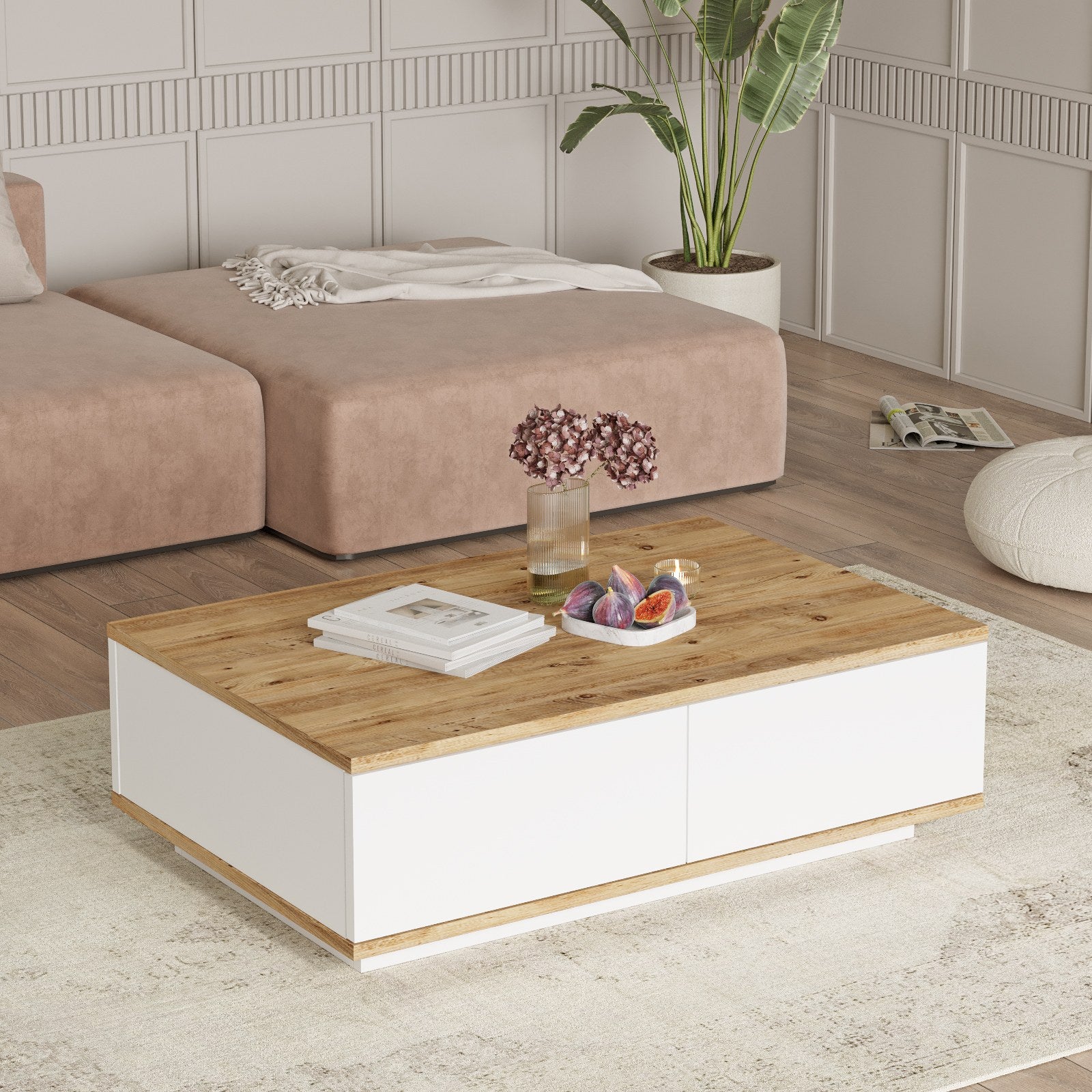 Mesa de Centro Elegante, Pinho Atlântico e Branco, 90 x 60 x 28,6 cm | Painel de Partículas 100% Revestido com Melamina, 18 mm de Espessura | Perfeita para Espaços Modernos
