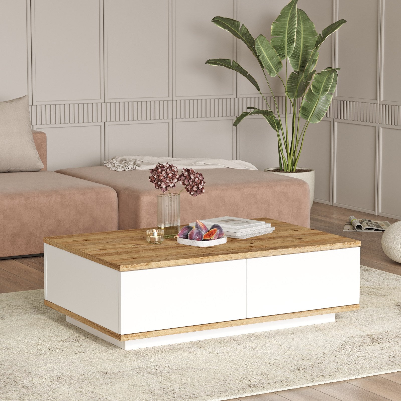 Mesa de Centro Elegante, Pinho Atlântico e Branco, 90 x 60 x 28,6 cm | Painel de Partículas 100% Revestido com Melamina, 18 mm de Espessura | Perfeita para Espaços Modernos