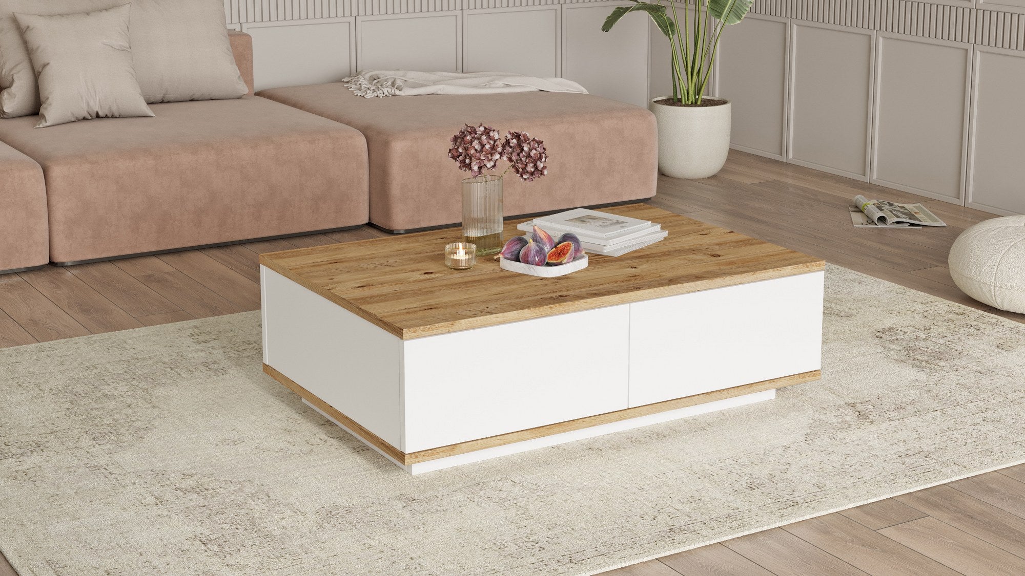 Mesa de Centro Elegante, Pinho Atlântico e Branco, 90 x 60 x 28,6 cm | Painel de Partículas 100% Revestido com Melamina, 18 mm de Espessura | Perfeita para Espaços Modernos