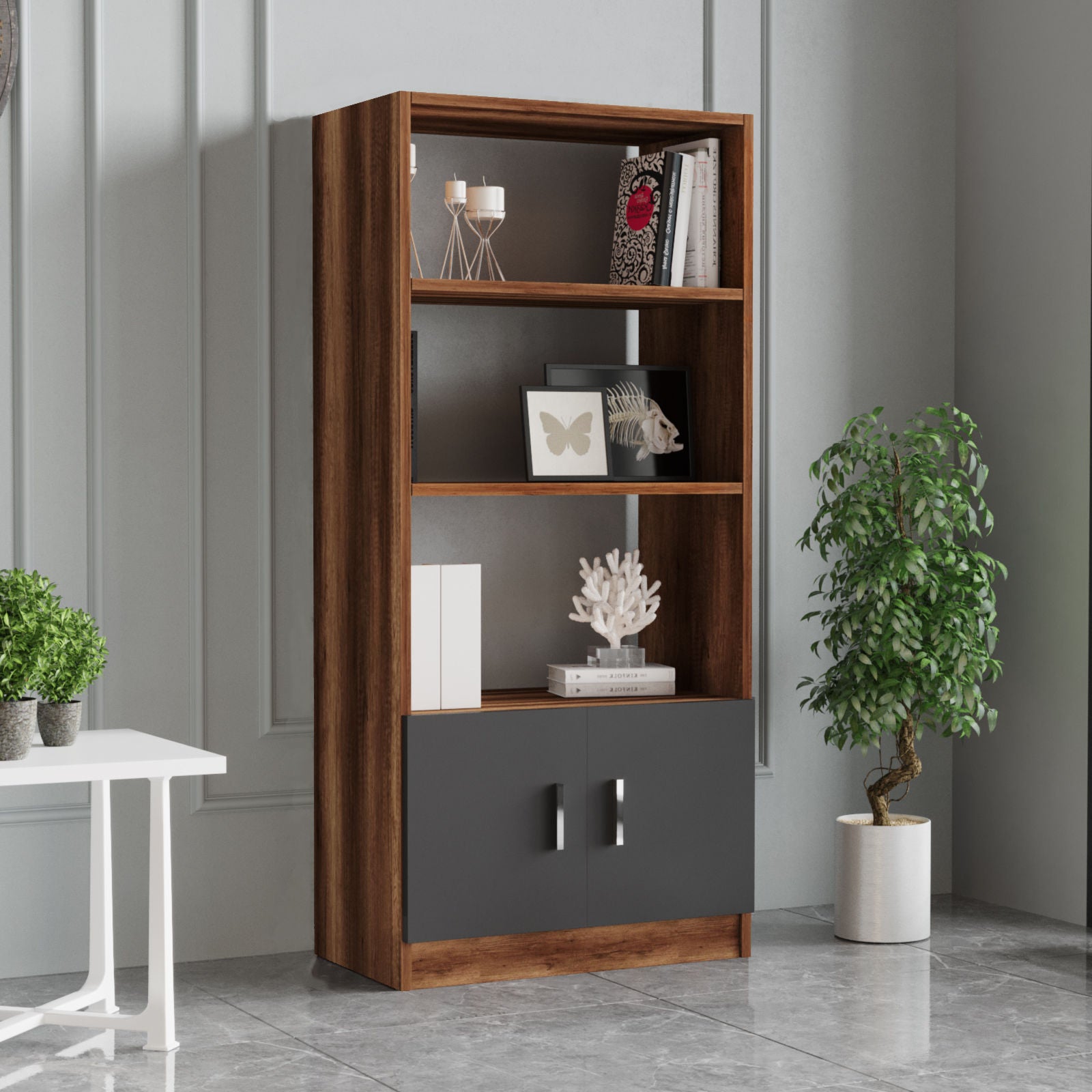 Estante moderna – 63,6 x 140 x 37,6 cm – Nogueira e Antracite – Painéis de partículas revestidos de melamina