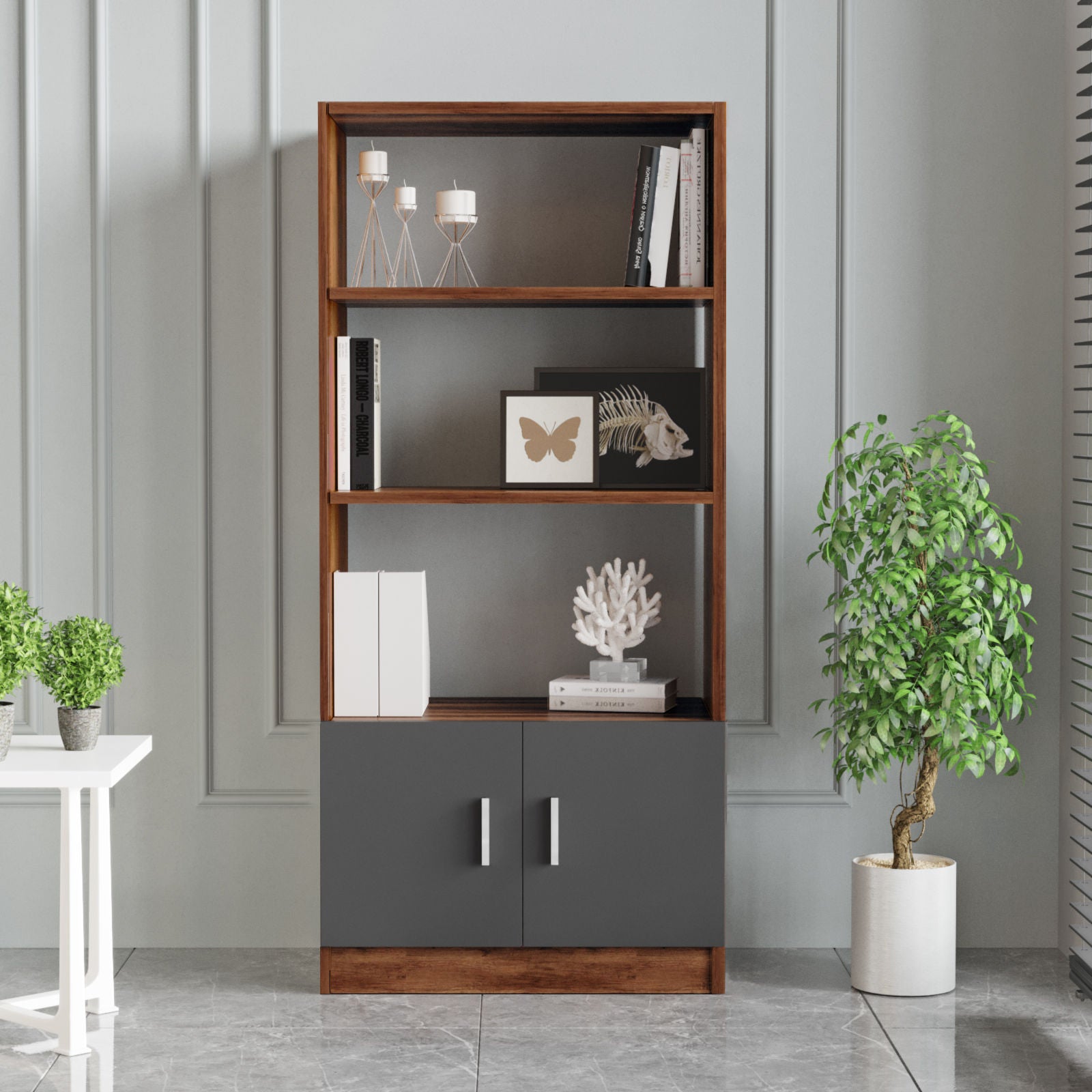 Estante moderna – 63,6 x 140 x 37,6 cm – Nogueira e Antracite – Painéis de partículas revestidos de melamina