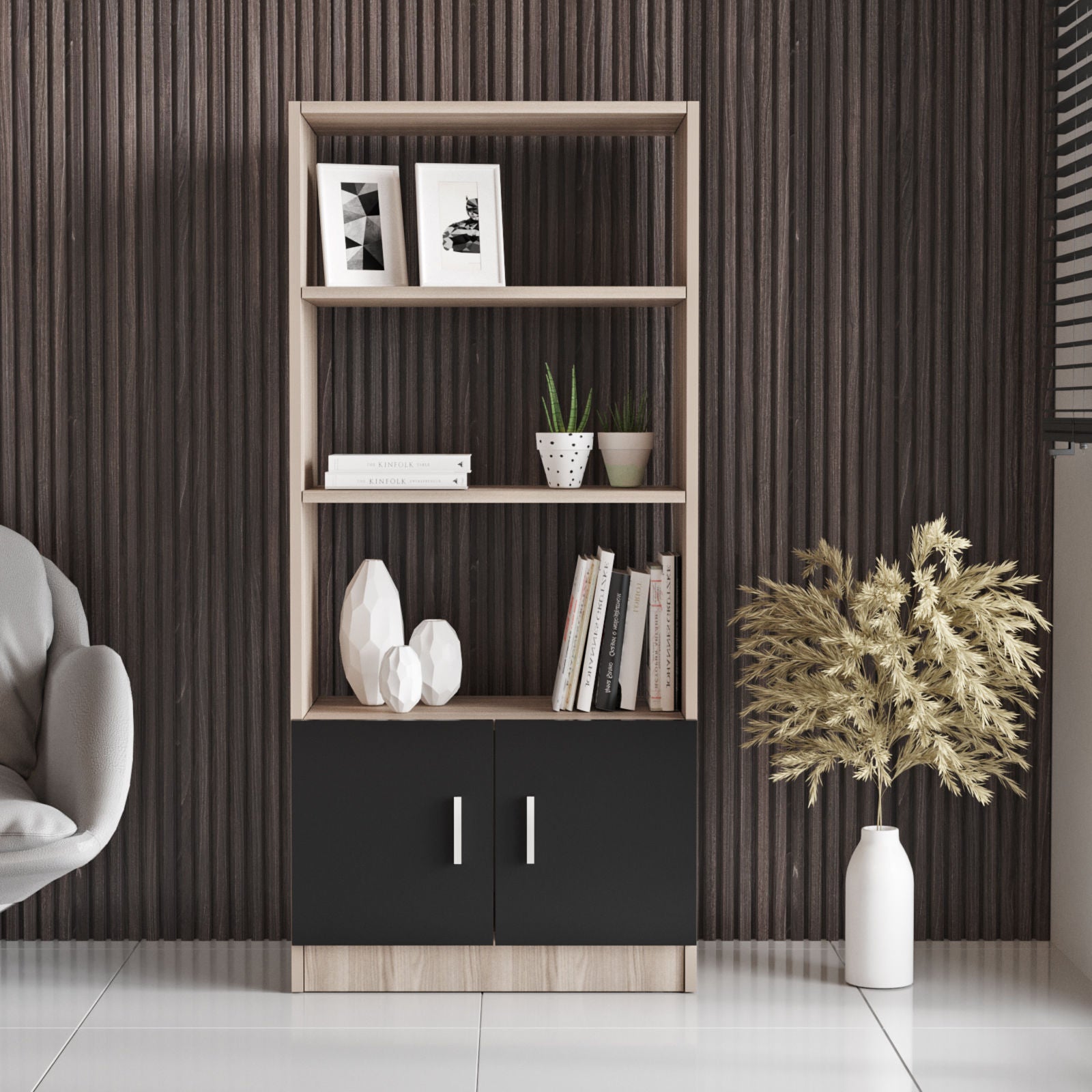 Estante moderna em carvalho e preto, 63,6 cm L x 140 cm A x 37,6 cm P | Painel de partículas 100% revestido em melamina, 18 mm de espessura | Armazenamento elegante para casa e escritório