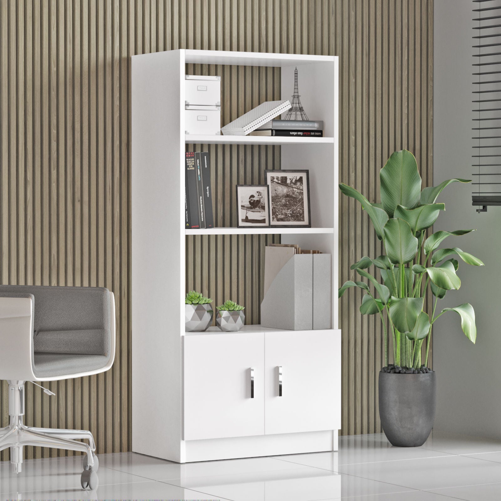 Estante moderna – 140 cm de altura, 64 cm de largura, 35,5 cm de profundidade – Branco – Painéis de partículas revestidos a melamina
