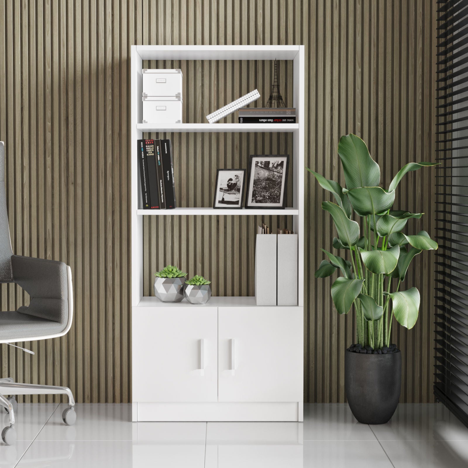 Estante moderna – 140 cm de altura, 64 cm de largura, 35,5 cm de profundidade – Branco – Painéis de partículas revestidos a melamina