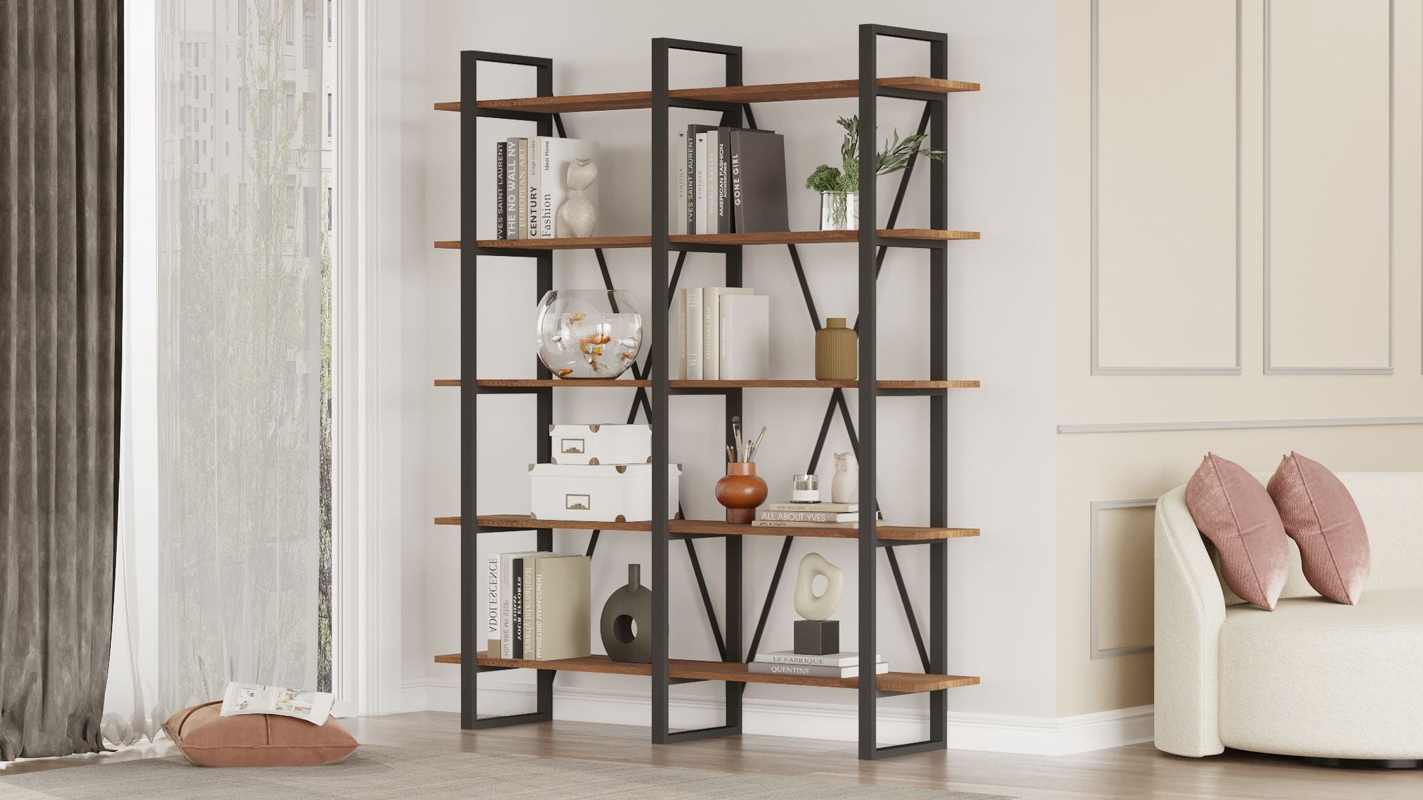 Estante Industrial Moderna – 154,8 x 180 x 34 cm – Cor Nogueira – Painel de Partículas Revestido em Melamina