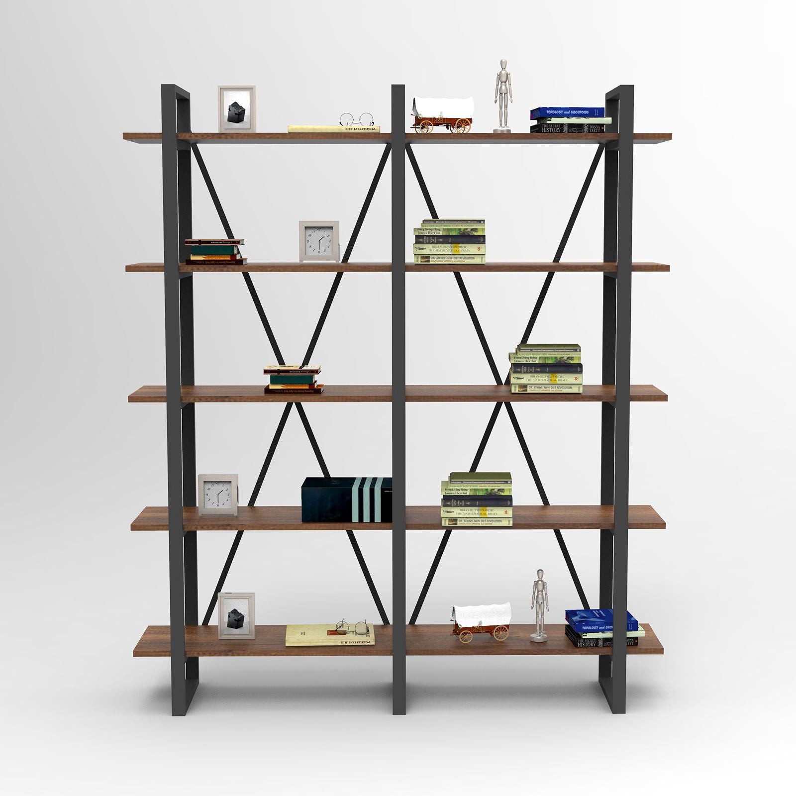 Estante Industrial Moderna – 154,8 x 180 x 34 cm – Cor Nogueira – Painel de Partículas Revestido em Melamina