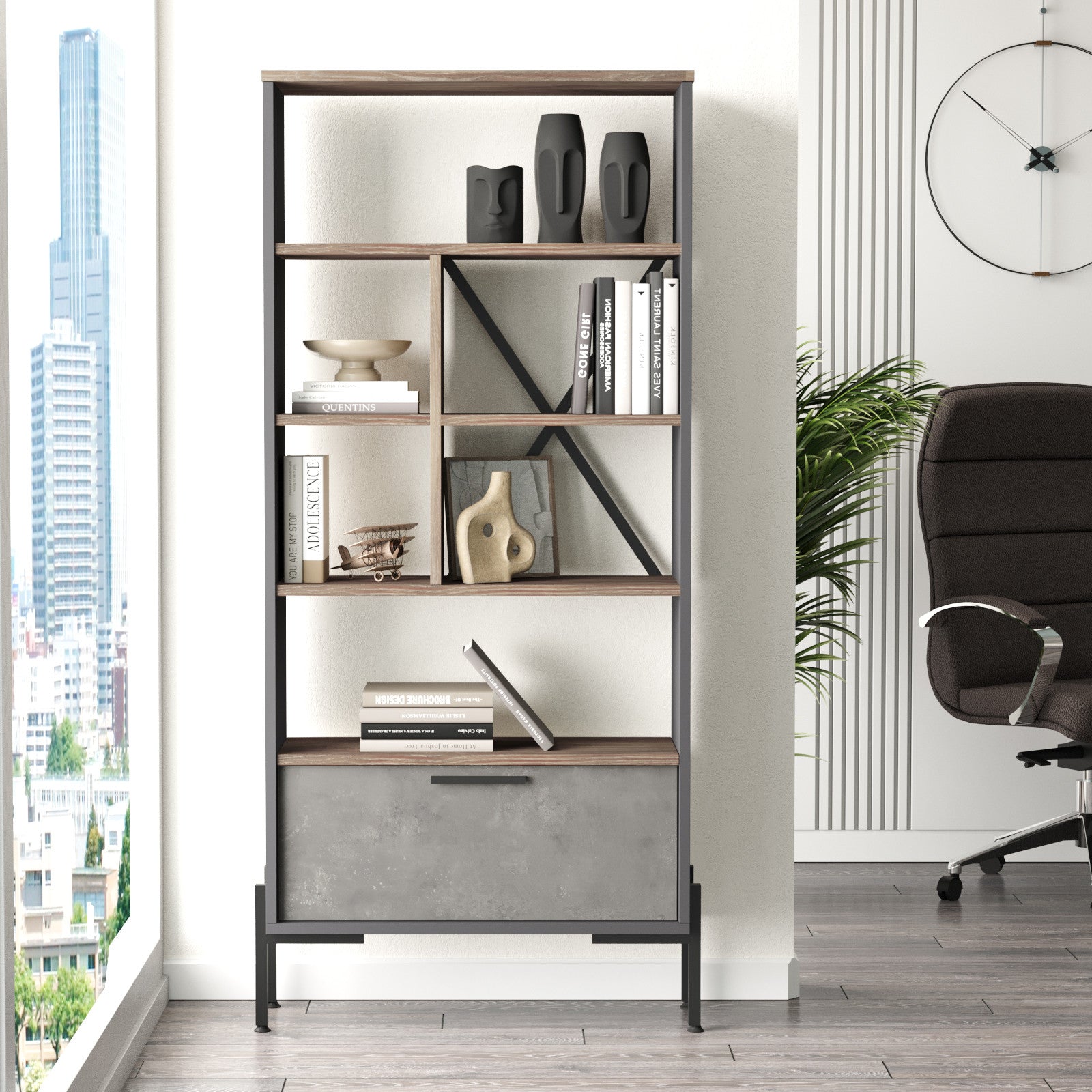 Estante de livros – 75,5 cm de largura, 160,8 cm de altura, 44,5 cm de profundidade – Castanho, cinzento e antracite – Painel de partículas revestido de melamina e estrutura de metal
