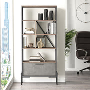 Estante de livros – 75,5 cm de largura, 160,8 cm de altura, 44,5 cm de profundidade – Castanho, cinzento e antracite – Painel de partículas revestido de melamina e estrutura de metal