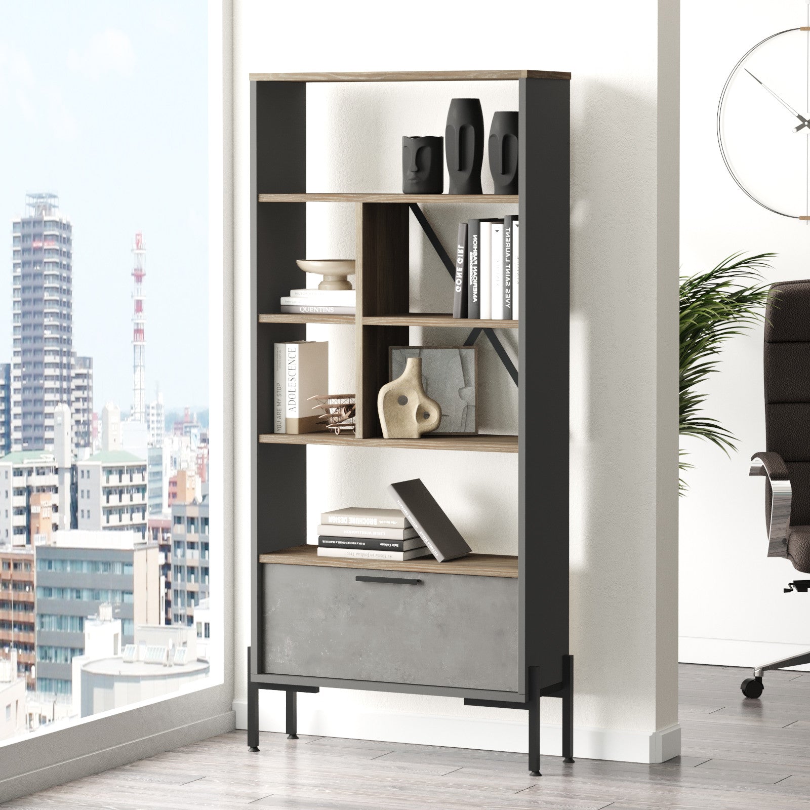 Estante de livros – 75,5 cm de largura, 160,8 cm de altura, 44,5 cm de profundidade – Castanho, cinzento e antracite – Painel de partículas revestido de melamina e estrutura de metal