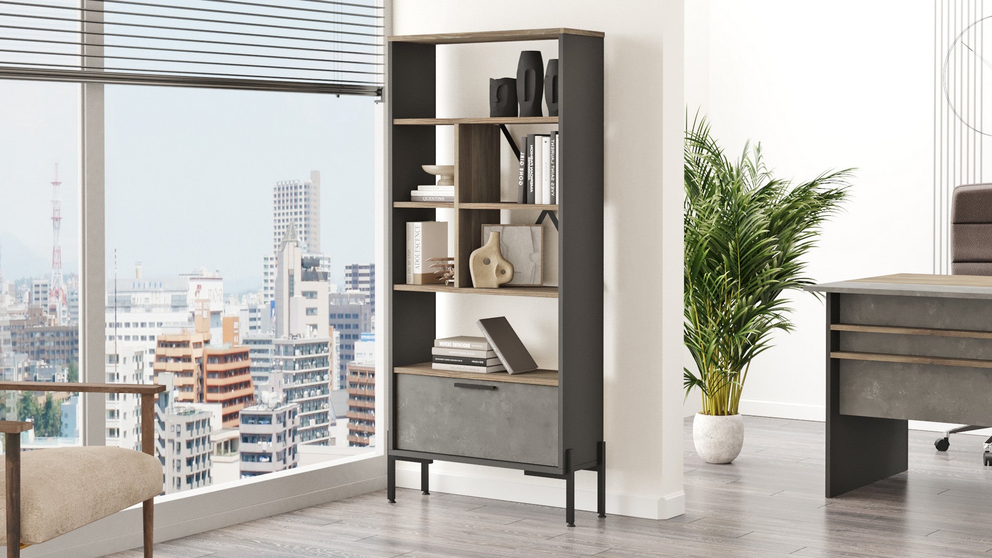 Estante de livros – 75,5 cm de largura, 160,8 cm de altura, 44,5 cm de profundidade – Castanho, cinzento e antracite – Painel de partículas revestido de melamina e estrutura de metal