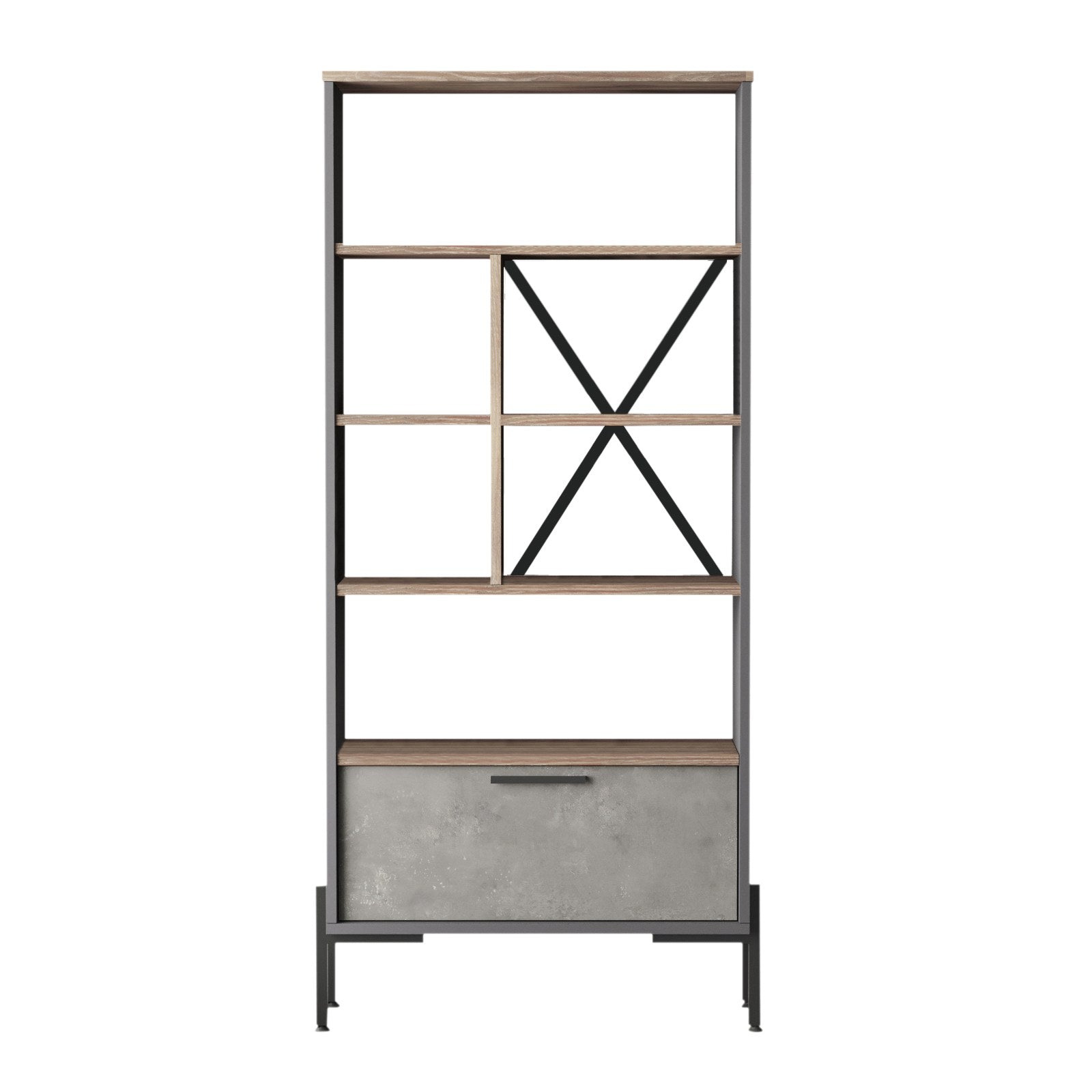 Estante de livros – 75,5 cm de largura, 160,8 cm de altura, 44,5 cm de profundidade – Castanho, cinzento e antracite – Painel de partículas revestido de melamina e estrutura de metal