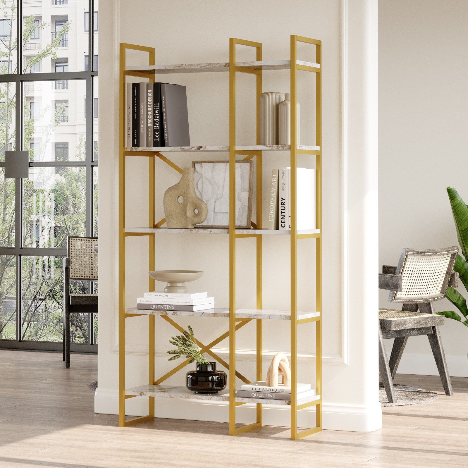 Estante – 87,5 x 175 x 30 cm – Mármore branco e dourado – Metal e painel de partículas revestido de melamina