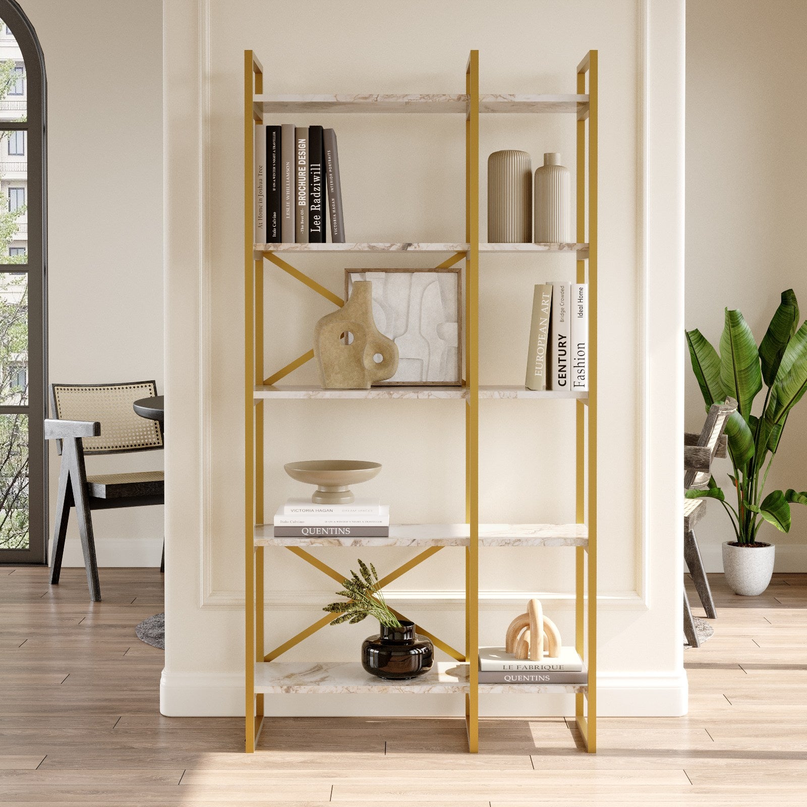 Estante – 87,5 x 175 x 30 cm – Mármore branco e dourado – Metal e painel de partículas revestido de melamina