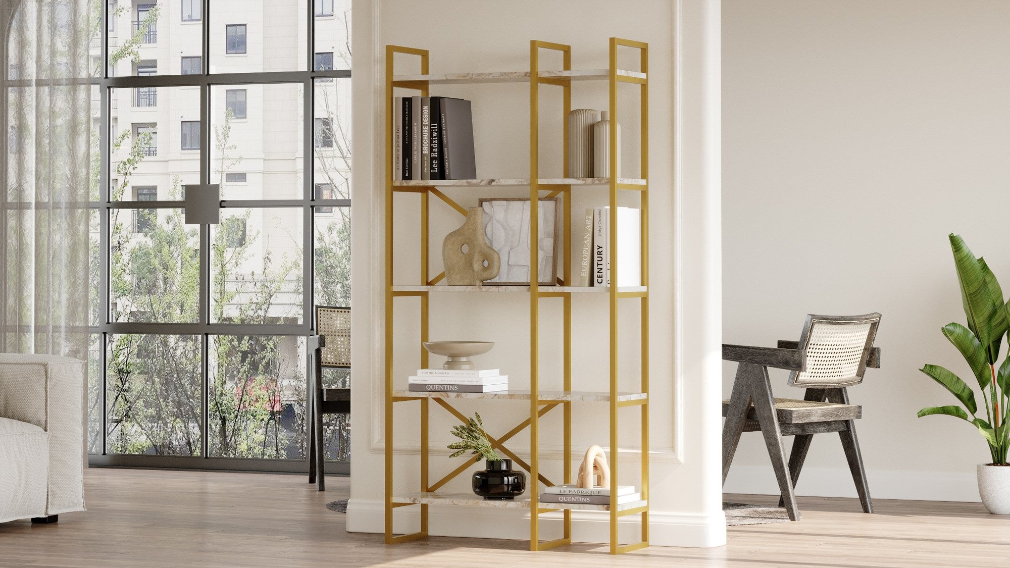 Estante – 87,5 x 175 x 30 cm – Mármore branco e dourado – Metal e painel de partículas revestido de melamina