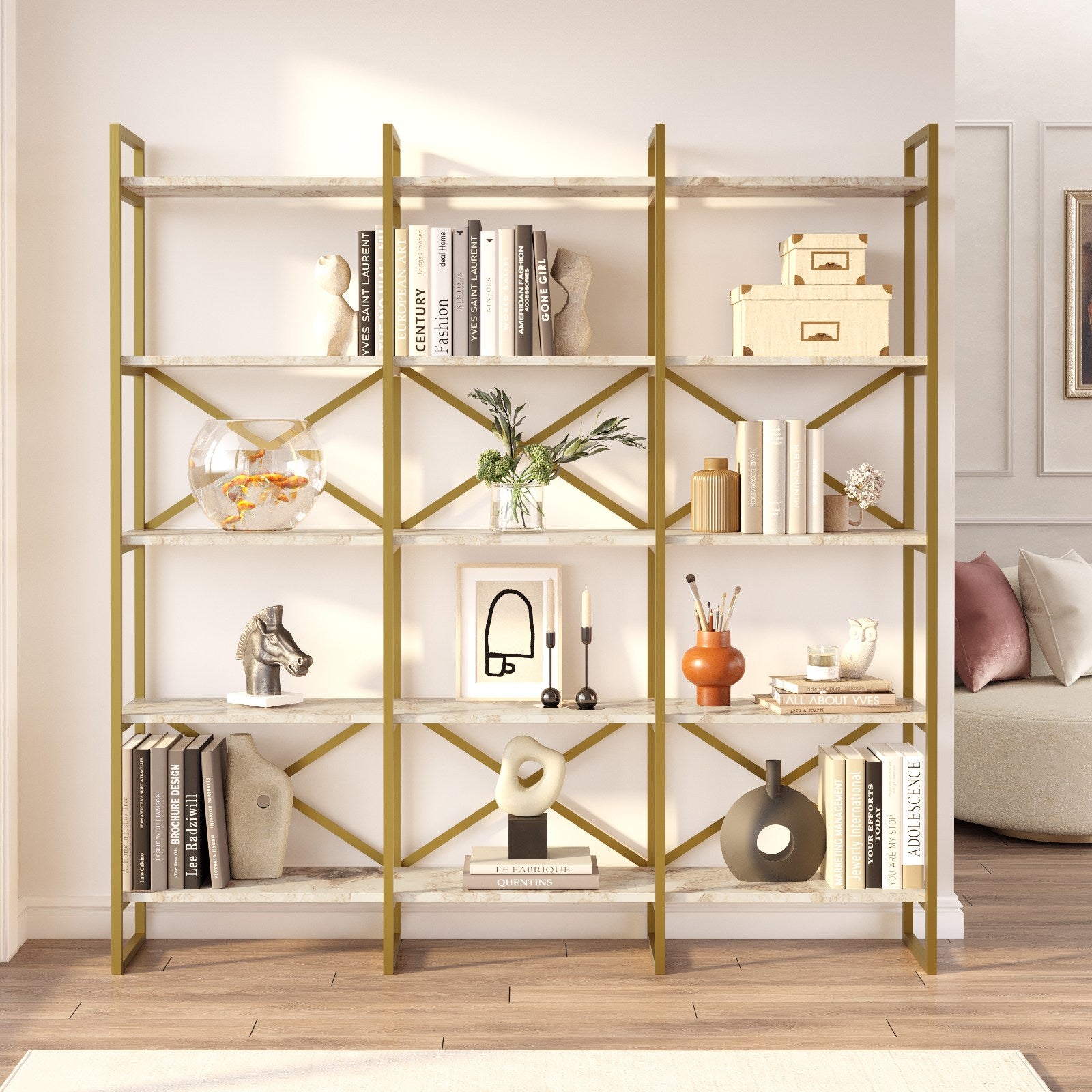 Estante de livros – 170 x 175 x 30 cm – Mármore branco e dourado – Metal