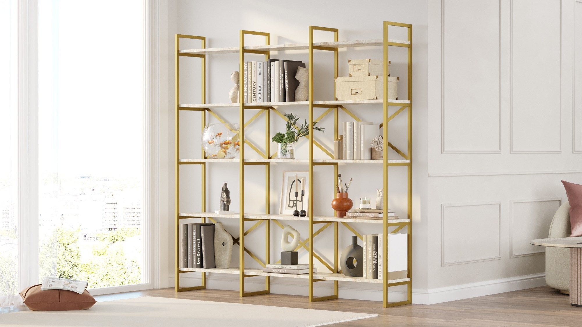 Estante de livros – 170 x 175 x 30 cm – Mármore branco e dourado – Metal