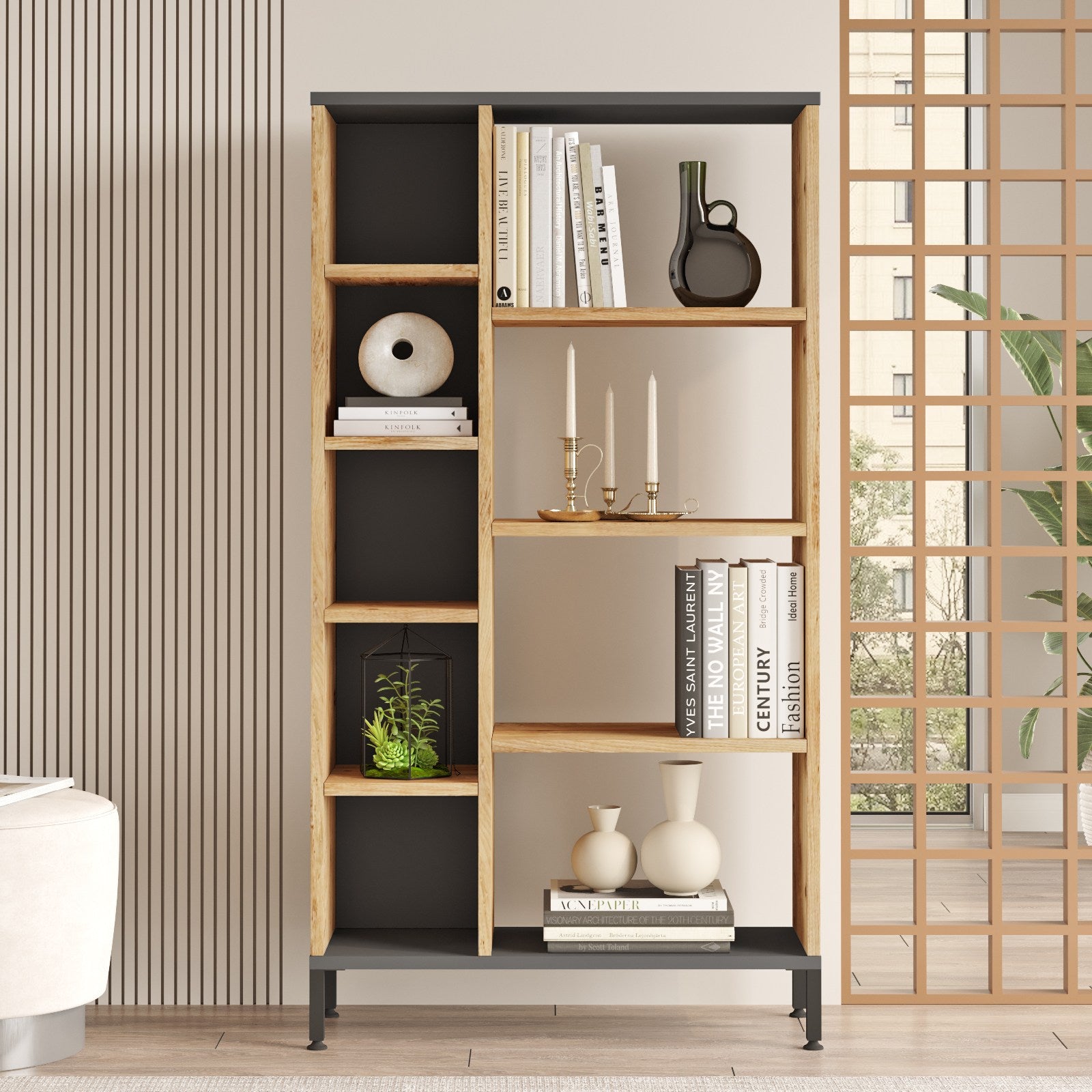 Estante elegante em pinho atlântico e antracite, 72 cm L x 133,6 cm A x 25,5 cm P | Painel de partículas 100% revestido em melamina, 18 mm de espessura | Solução de armazenamento moderna
