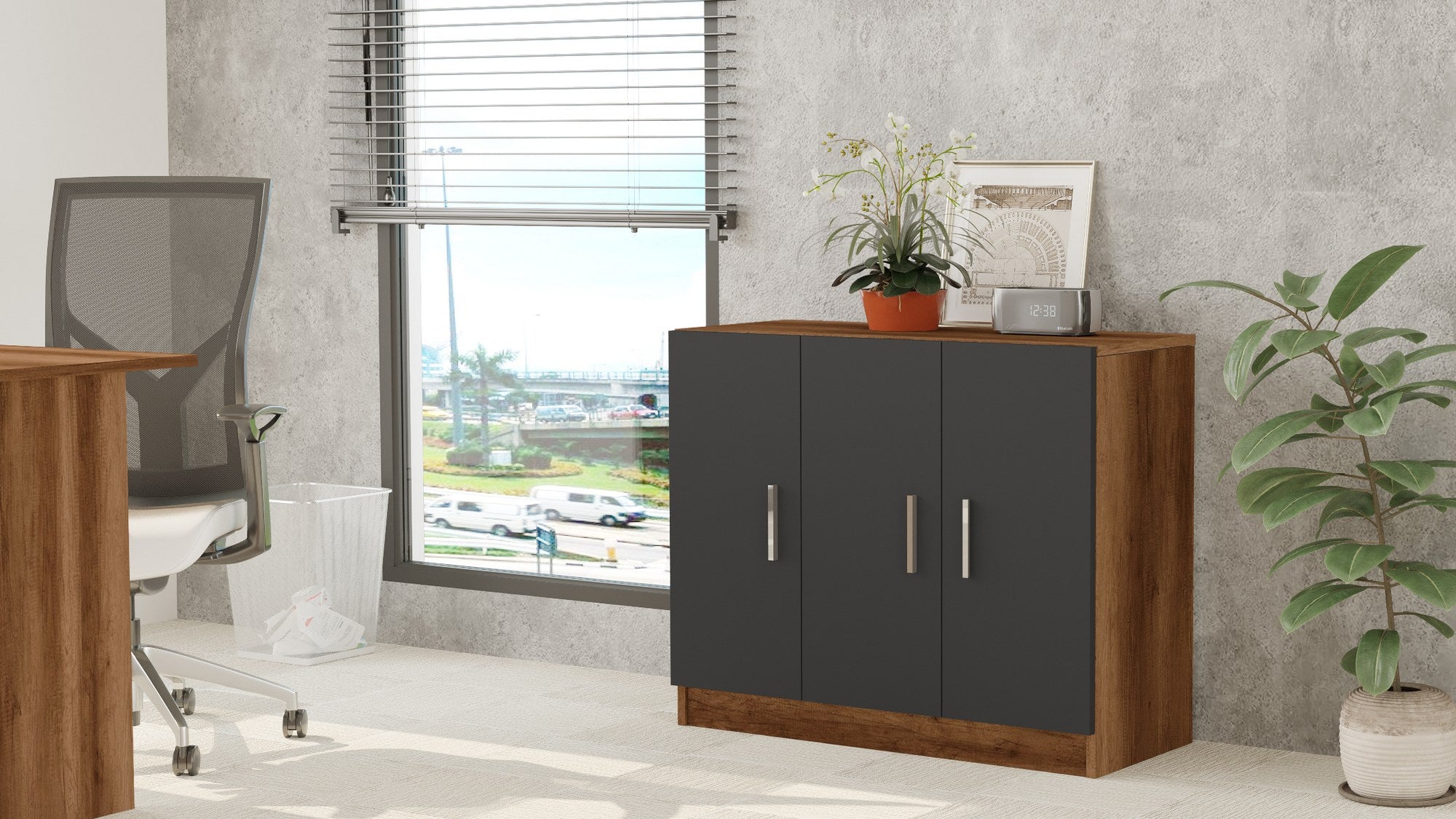 Armário moderno multiuso, nogueira e antracite, 89,1 x 73,8 x 38,1 cm | Painel de partículas 100% revestido de melamina, 18 mm de espessura | Solução de armazenamento elegante para qualquer espaço