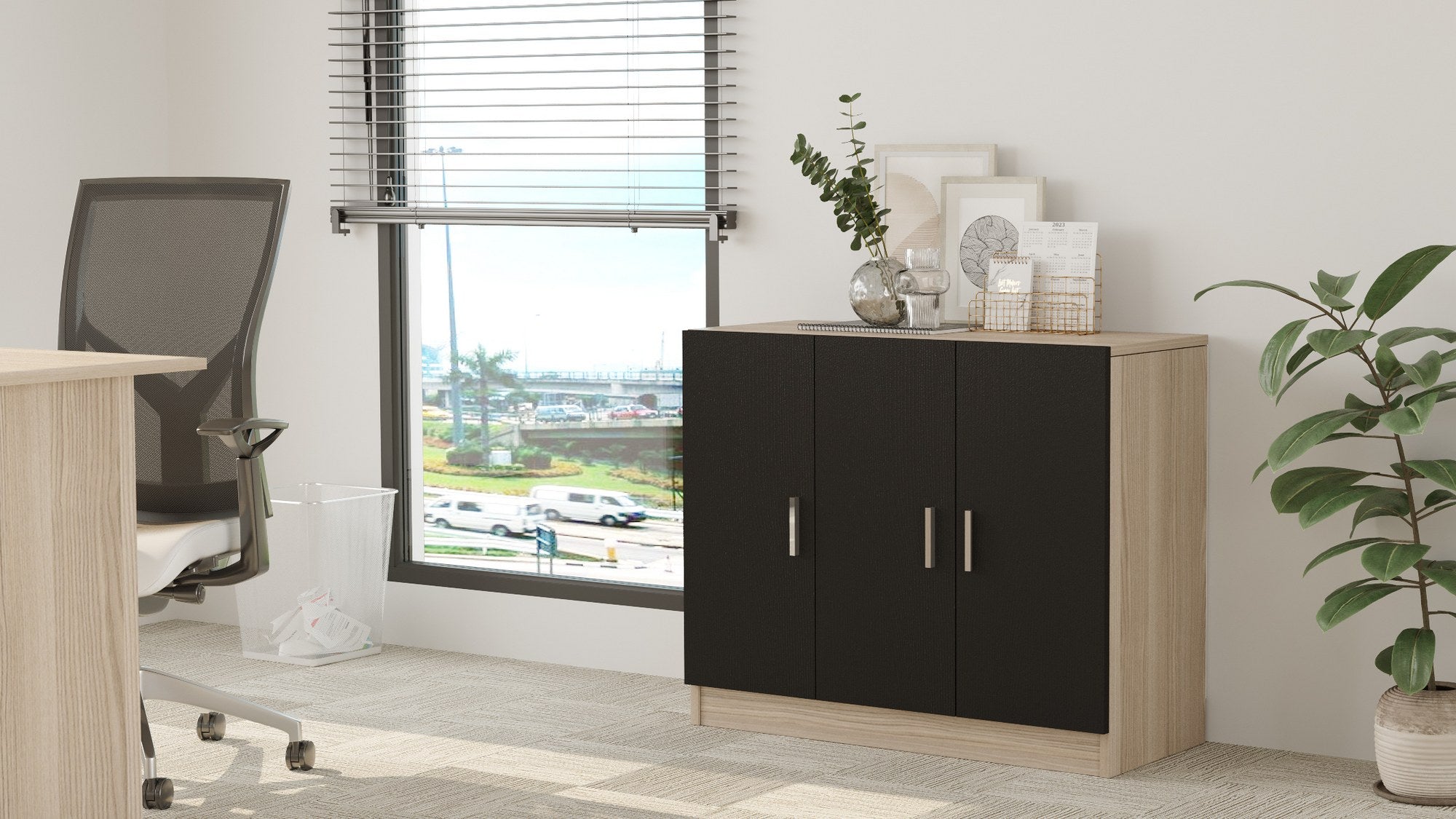 Armário moderno multiuso, carvalho e preto, 89,1 x 73,8 x 38,1 cm | Painel de partículas 100% revestido de melamina, 18 mm de espessura | Solução de armazenamento elegante para qualquer espaço