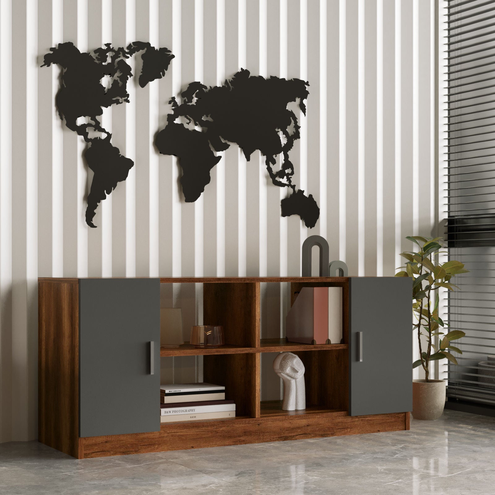 Armário moderno multiuso, nogueira e antracite, 139,8 x 61,8 x 46,3 cm | Painel de partículas 100% revestido de melamina, 18 mm de espessura | Solução de armazenamento elegante