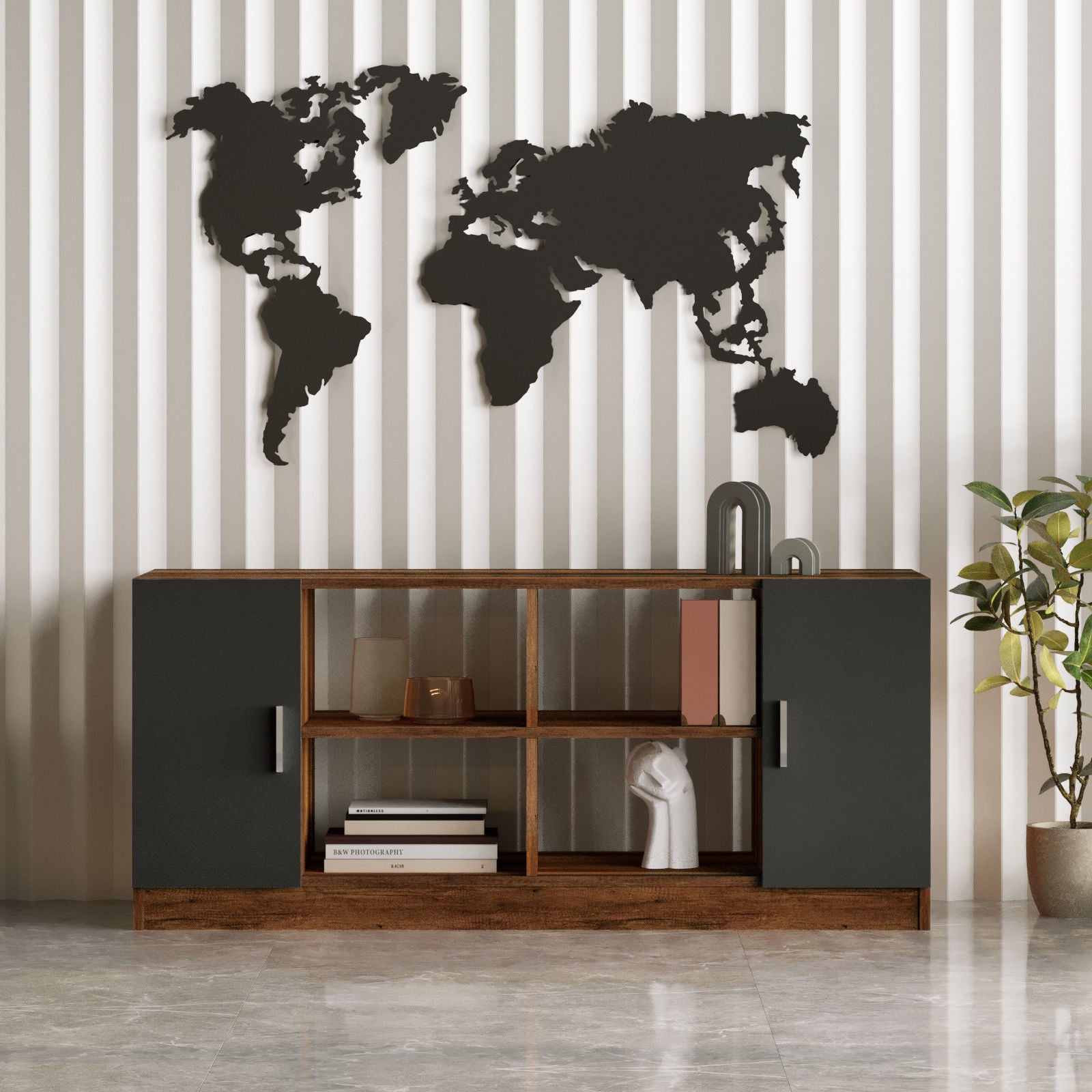 Armário moderno multiuso, nogueira e antracite, 139,8 x 61,8 x 46,3 cm | Painel de partículas 100% revestido de melamina, 18 mm de espessura | Solução de armazenamento elegante