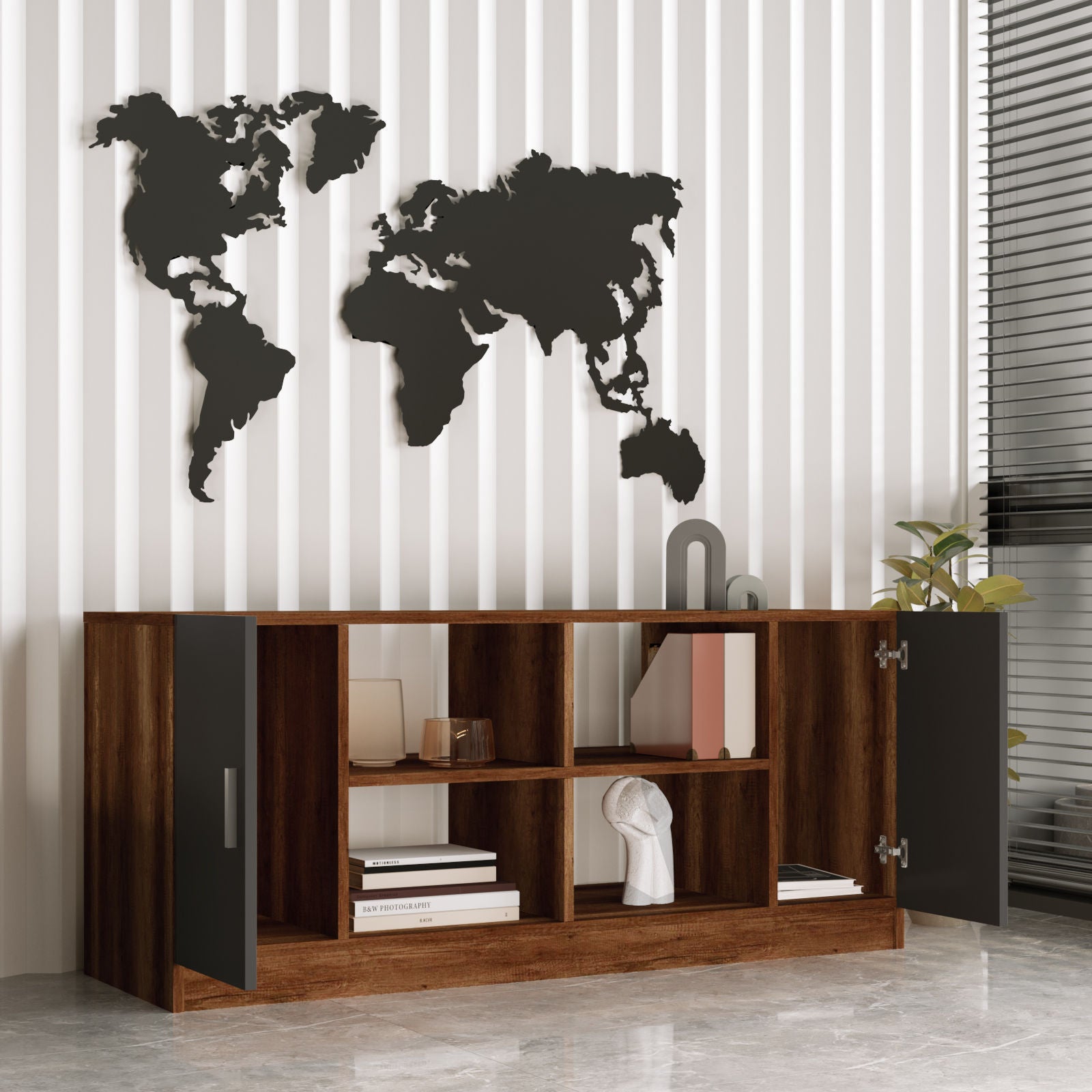 Armário moderno multiuso, nogueira e antracite, 139,8 x 61,8 x 46,3 cm | Painel de partículas 100% revestido de melamina, 18 mm de espessura | Solução de armazenamento elegante