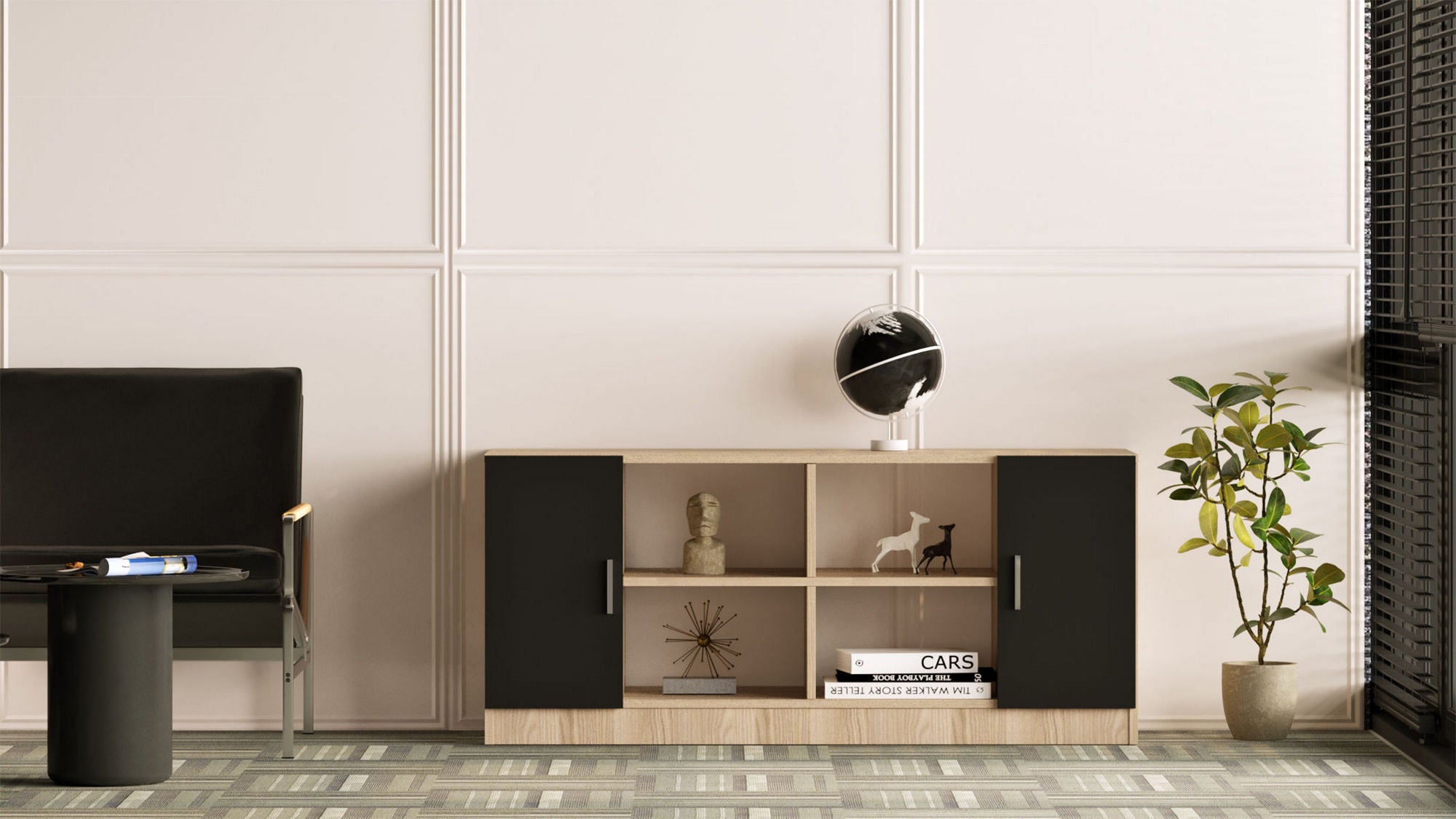 Armário moderno multiuso, carvalho e preto, 139,8 x 61,8 x 46,3 cm | Painel de partículas 100% revestido de melamina, 18 mm de espessura | Solução de armazenamento elegante para casa e escritório