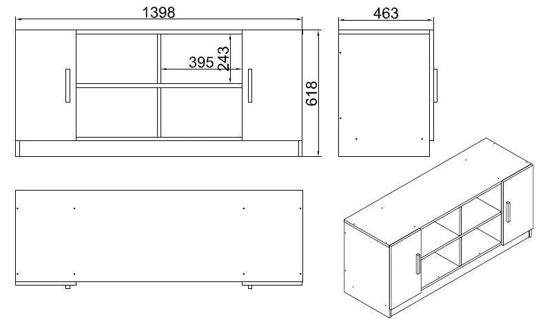 Armário moderno multiuso, carvalho e preto, 139,8 x 61,8 x 46,3 cm | Painel de partículas 100% revestido de melamina, 18 mm de espessura | Solução de armazenamento elegante para casa e escritório
