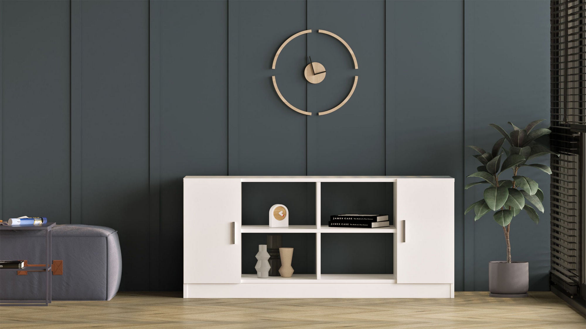 Armário moderno multiuso, branco, 139,8 x 61,8 x 46,3 cm | Painel de partículas 100% revestido de melamina, 18 mm de espessura | Solução de armazenamento elegante para casa e escritório